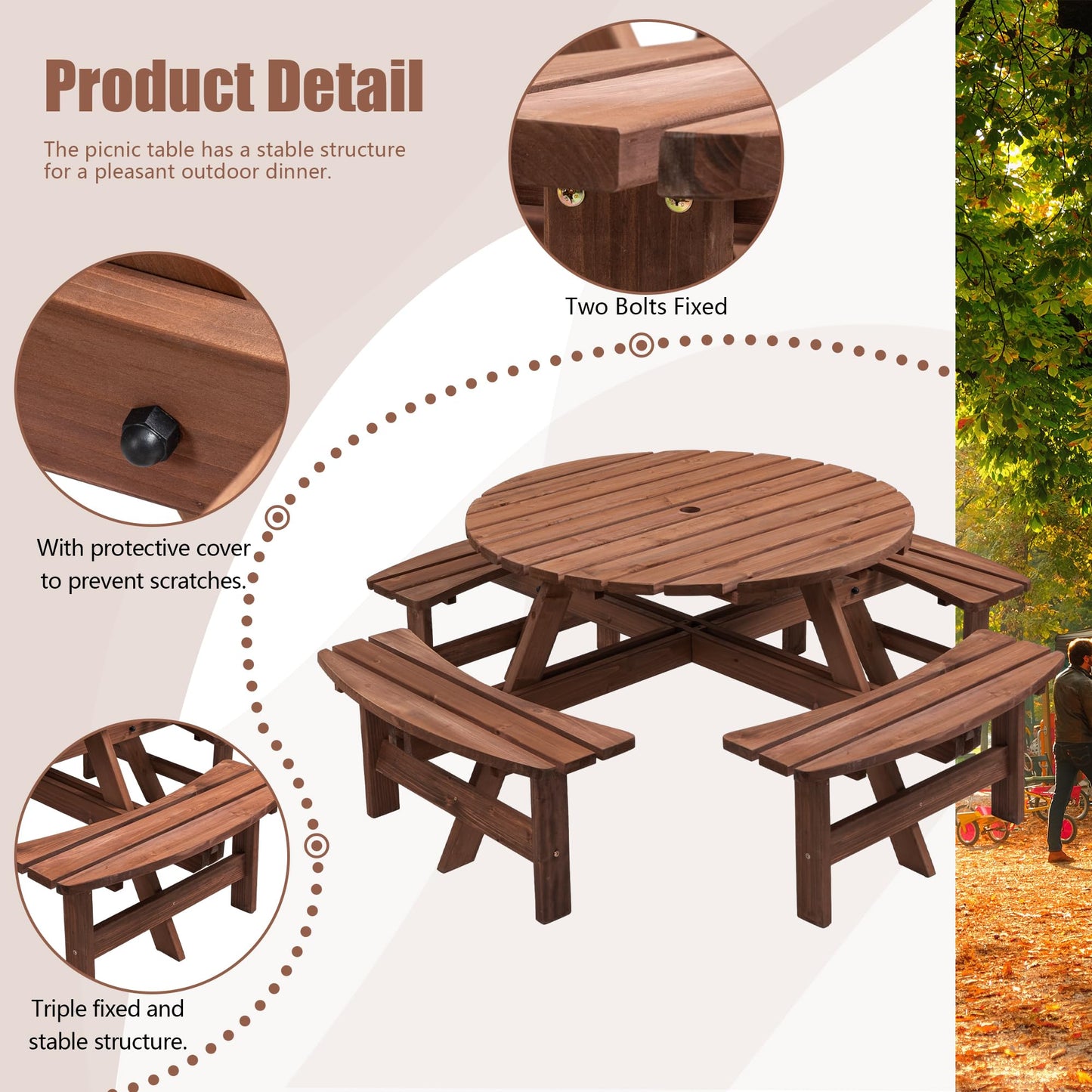 Becivy 8 Person Wooden Picnic Table Sets Outdoor Camping Dining Table with Seat Garden DIY w/ 4 Built-in Benches 2220lb Capacity - Brown