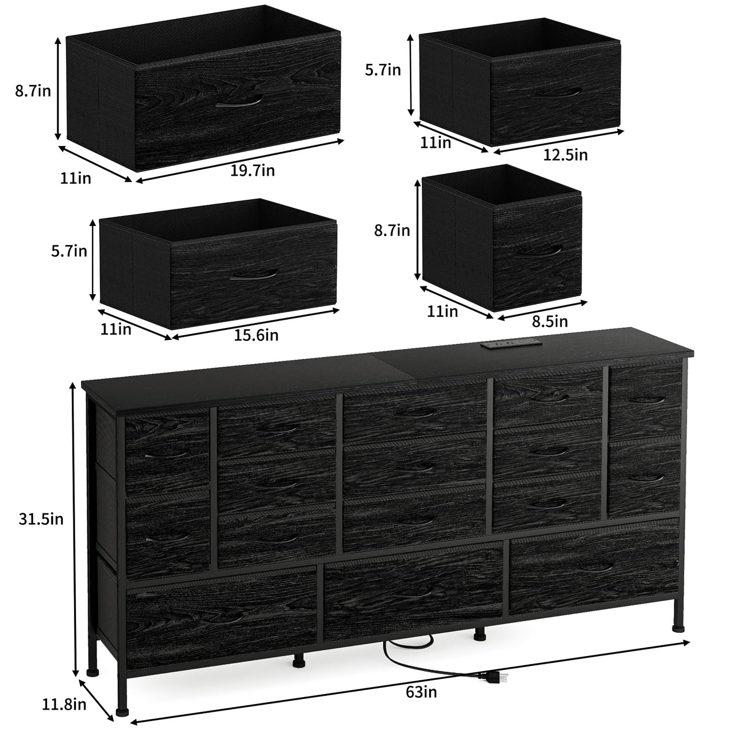 Fixwal 63.3 Inch TV Stand for 65 55 Inch TV Long Black Dresser for Bedroom, 16 Drawer Dresser with Power Outlets, Fabric Chest of Drawers for Bedroom, Entryway, Black