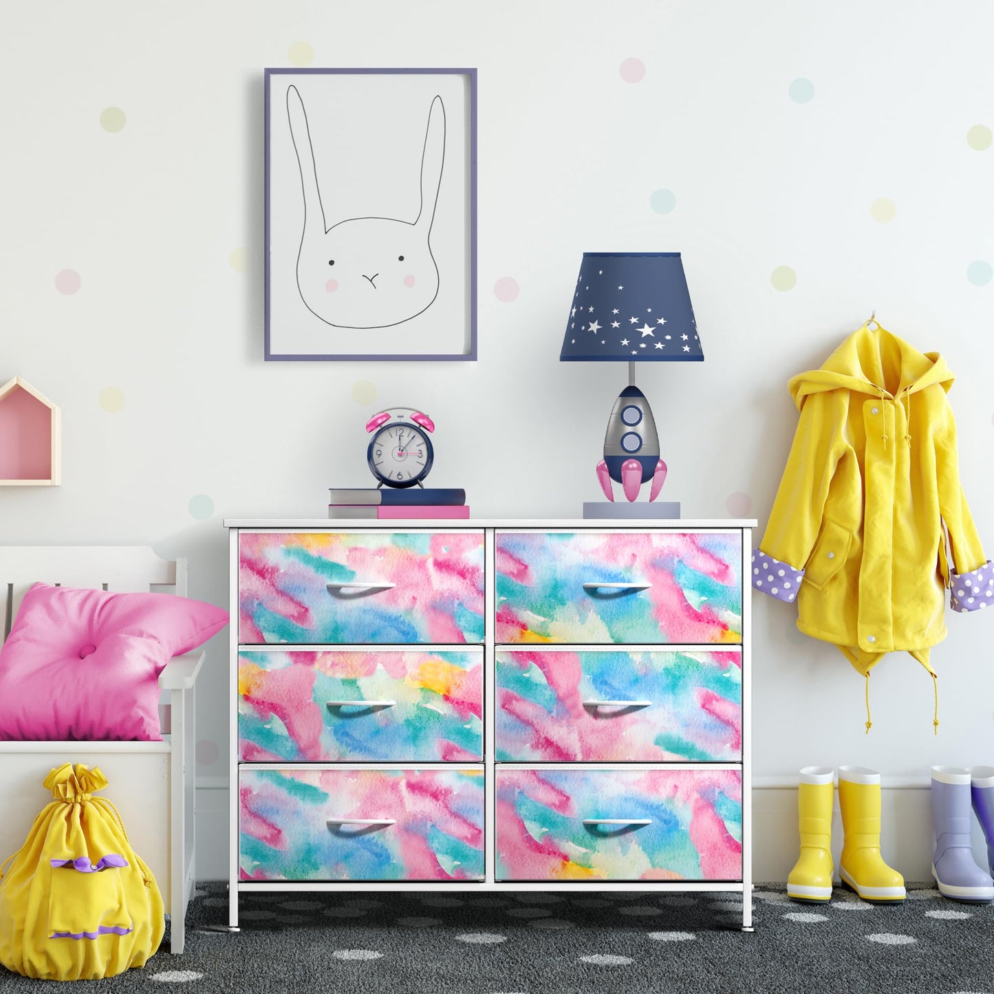 Sorbus Kids Dresser with 6 Drawers - Storage Chest Organizer Nightstand - Steel Frame, Wood Top, Tie-Dye Fabric Bins for Clothes - Wide Furniture for Bedroom, Hallway, Nursery, Closet, & Apartment