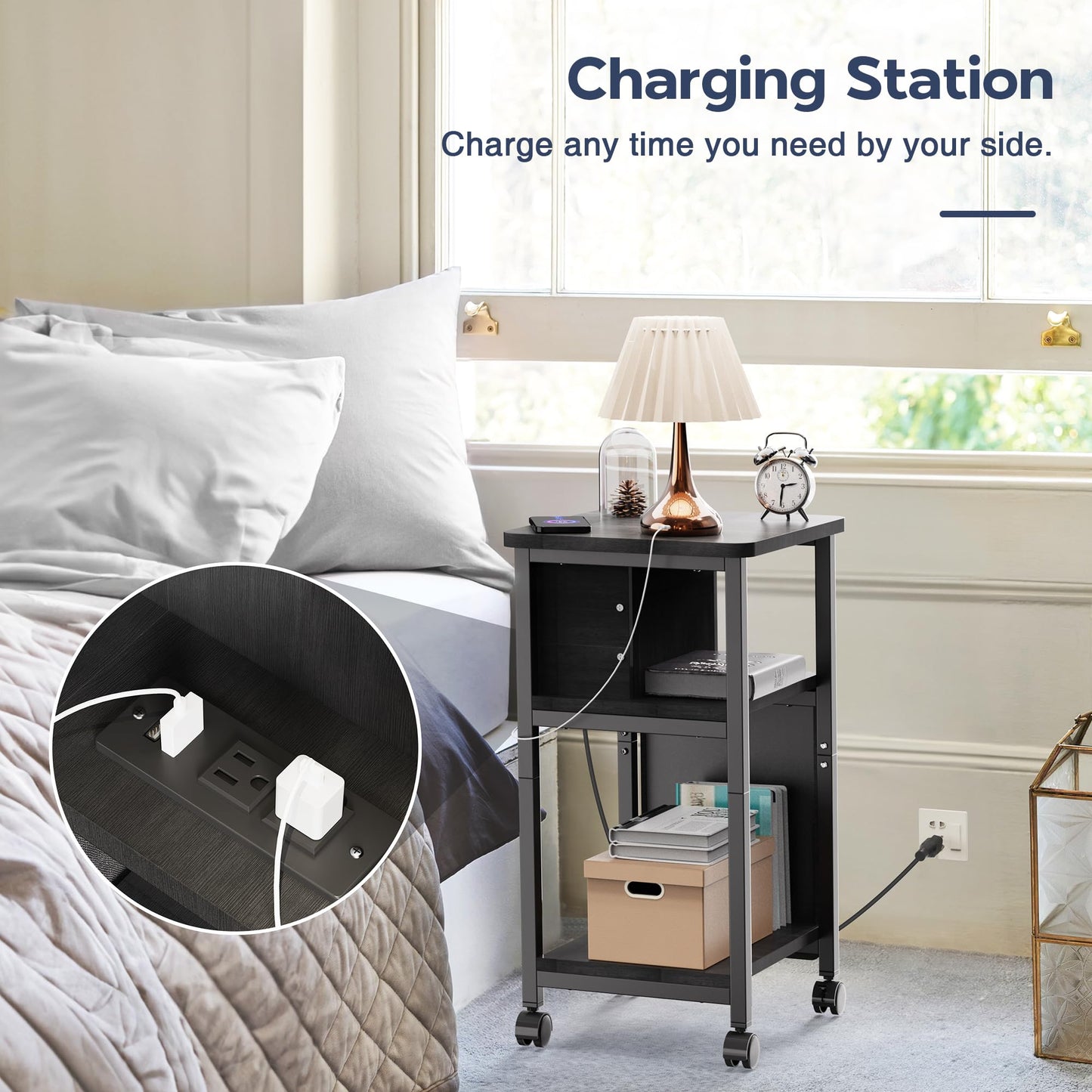 Merapi Small End Table with Charger, Side Table on Wheels, Mobile Nightstand with USB Ports, Black Sofa Side Table with Storage for Small Spaces, Living Room, Bedroom, Study, Home Office