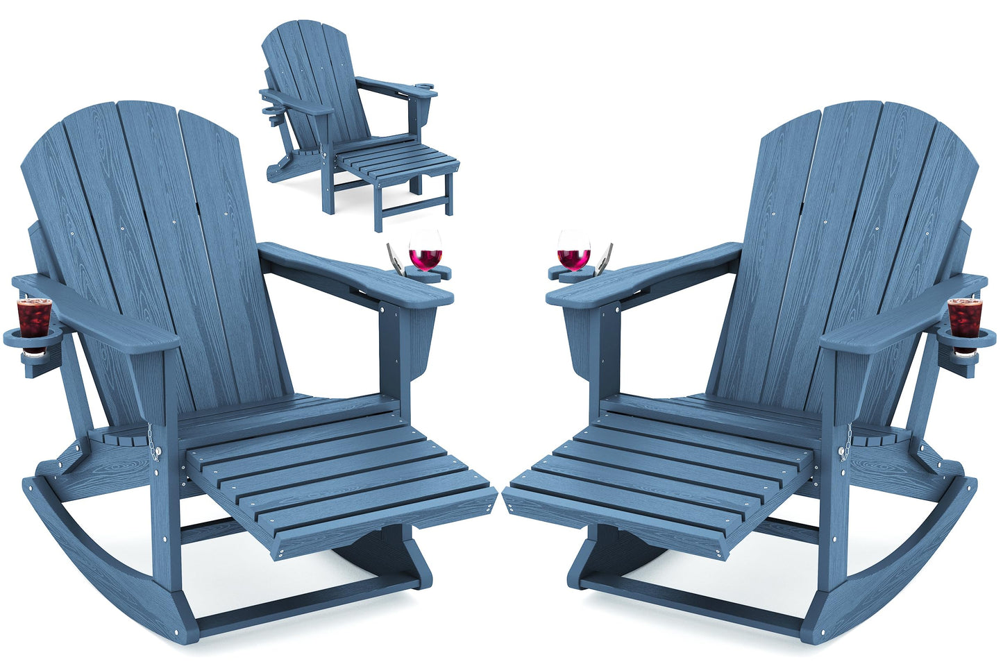 KINGYES Adirondack Rocking Chair Set of 2 with Retractable Ottoman and Cup Holders, HDPE Adirondack Rocker Patio Rocking Chair for Porch, Patio, Balcony, Deep Blue