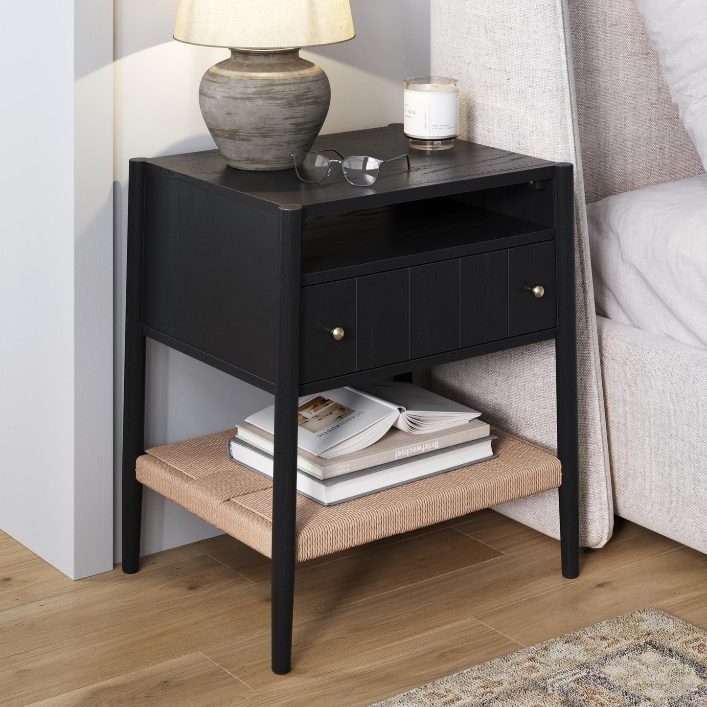 Nathan James Meads Wood Nightstand with Drawer, Vintage Nightstand with Seagrass Storage and Brass Handles, Black Oak
