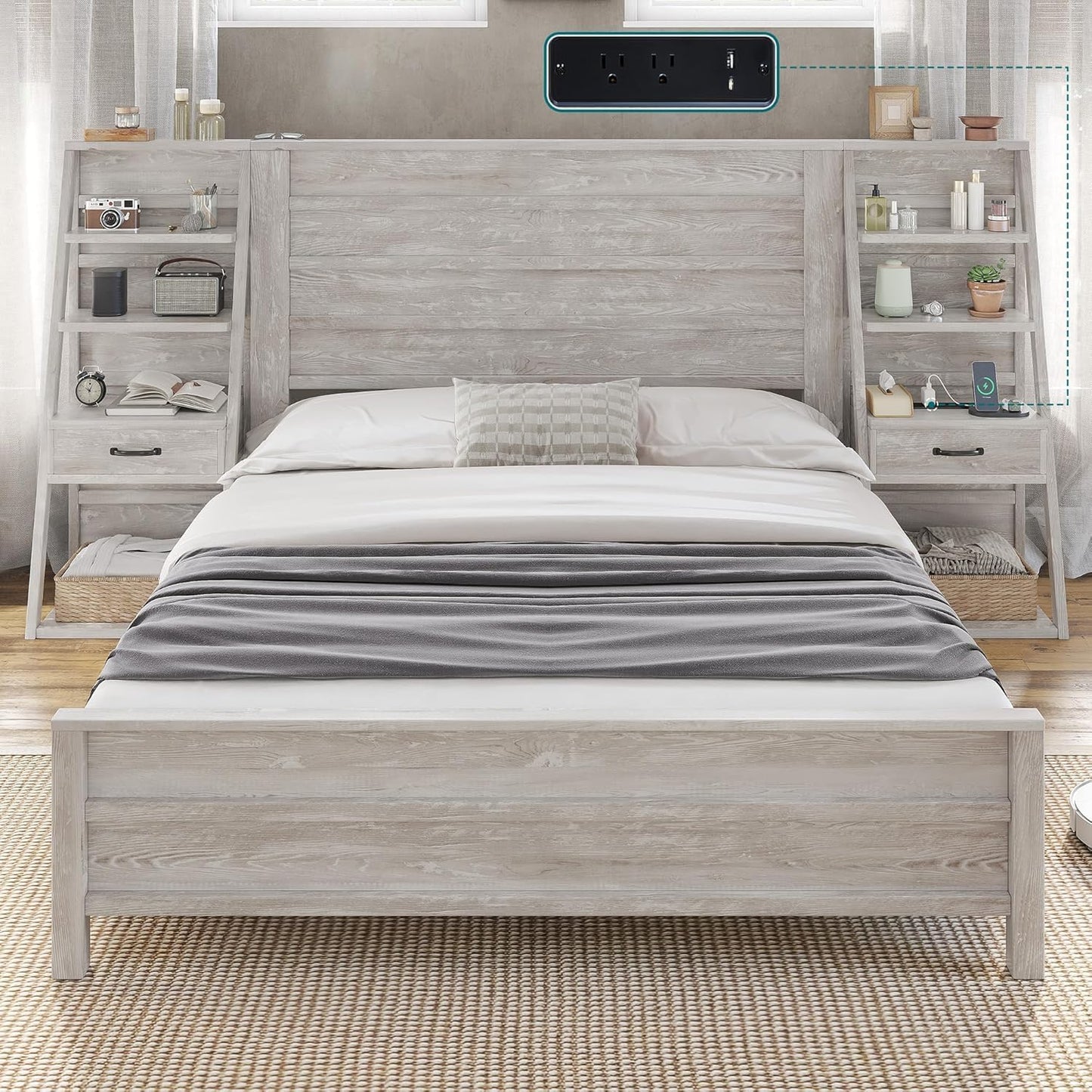 AMERLIFE Queen Bed Frame with Bookcase Headboard & 4-Tier Bedside Shelf, Farmhouse Platform Bed with Charging Station and 2 Drawers, Noise-Free,