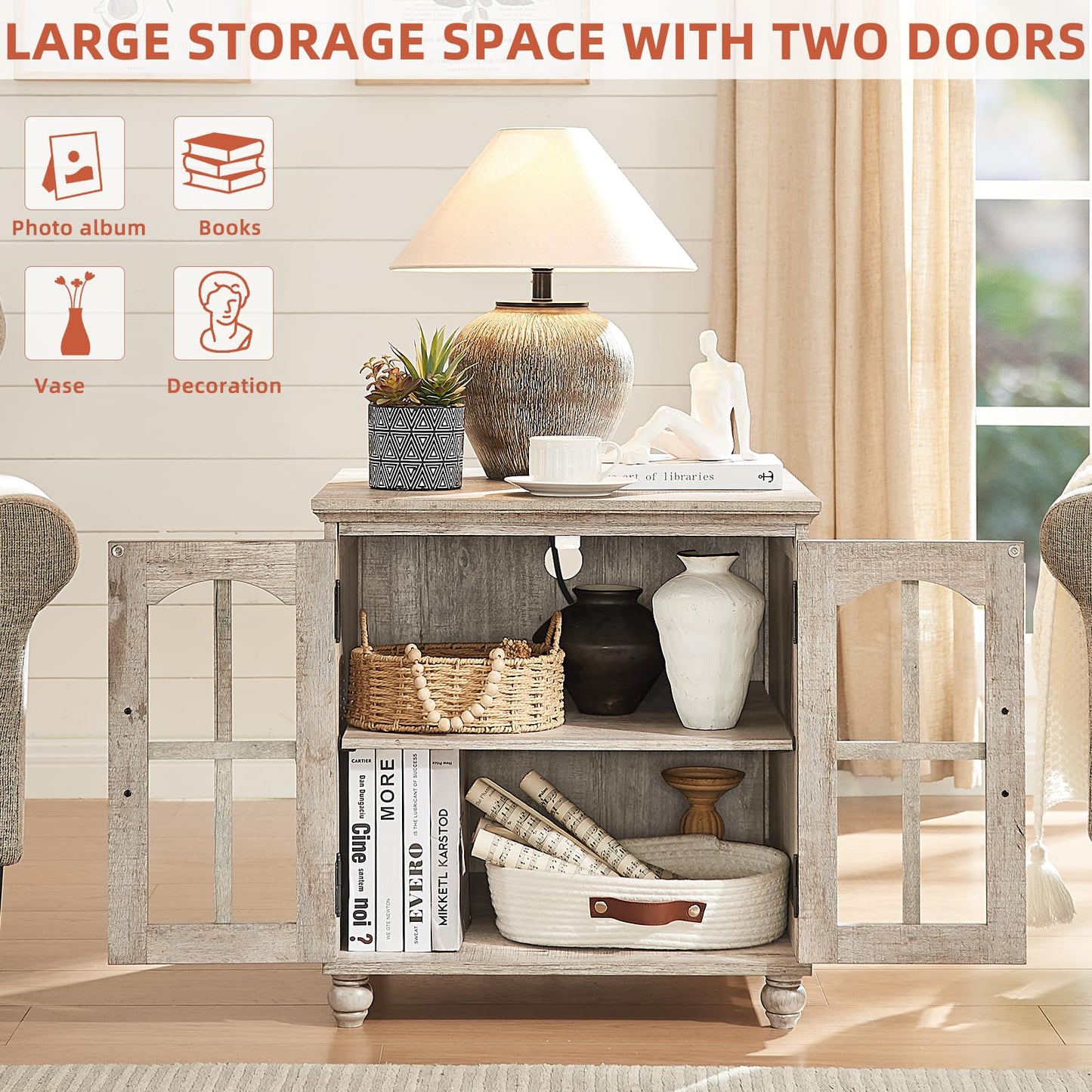 RWYHG Farmhouse End Table with Charging Station,24" Large Sofa Side Table with Glass Barn Door,Rustic Wood Night Stand with Adjustable Storage Shelf,Square Bedside Table for Living Room,Bedroom Office