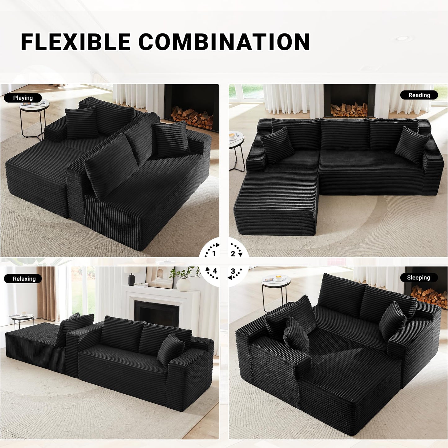 ivoros Sectional Couch with L-Shape Chaise, 103" Modular Sectional Sofa with Deep Seat, Modern Corduroy Couch, Lazy Compression Sofa for Living Room, No Assembly Required, Left, Black