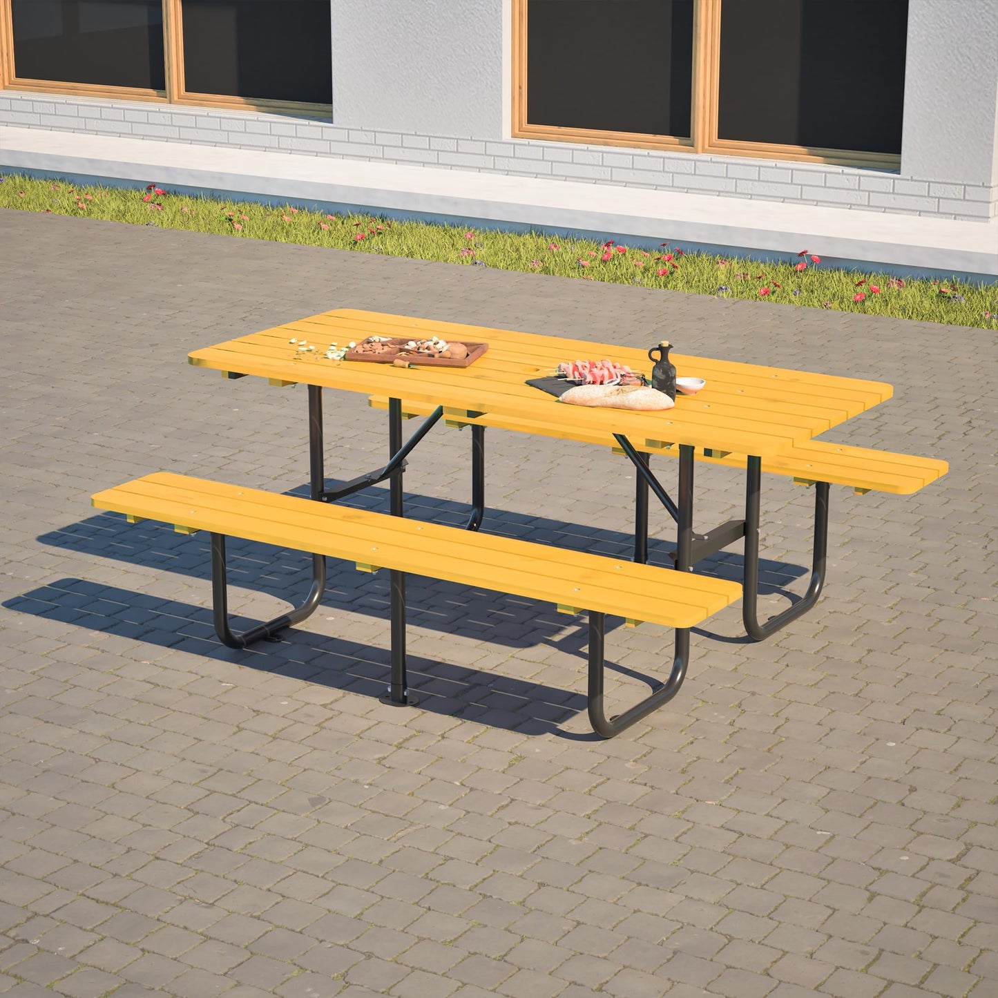 Outdoor Picnic Table with Benches, 6 - Person Picnic Table, Wooden Patio Dining Set, 1.97'' Umbrella Hole, Waterproof and Rounded Corners Design for Backyard, Garden, Park, Restaurant, Picnic, Yellow