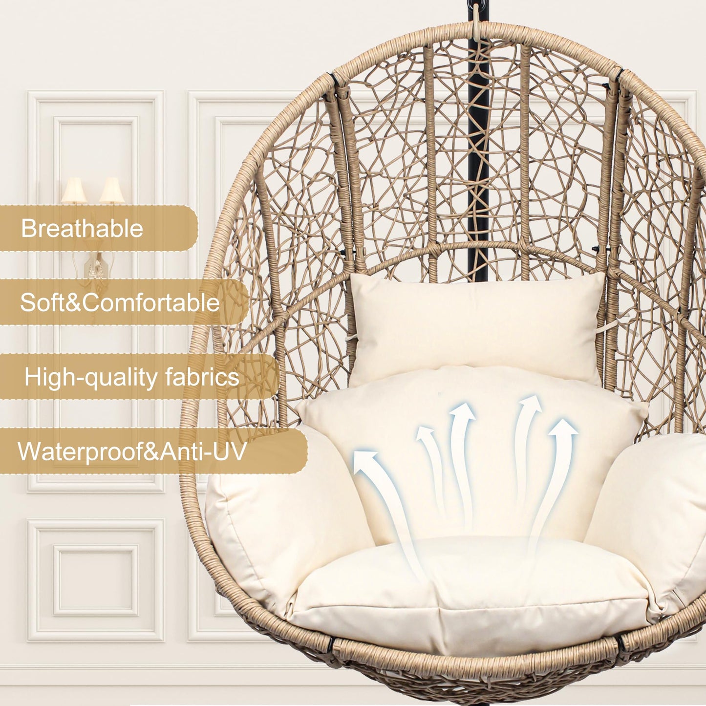 LUTINLIX Oversized Hanging Egg Chair Outdoor Indoor, Wicker Swing Egg Chair with Stand 400lbs Capacity for Bedroom, Patio, Garden and Balcony (Beige-nest, Oversize)