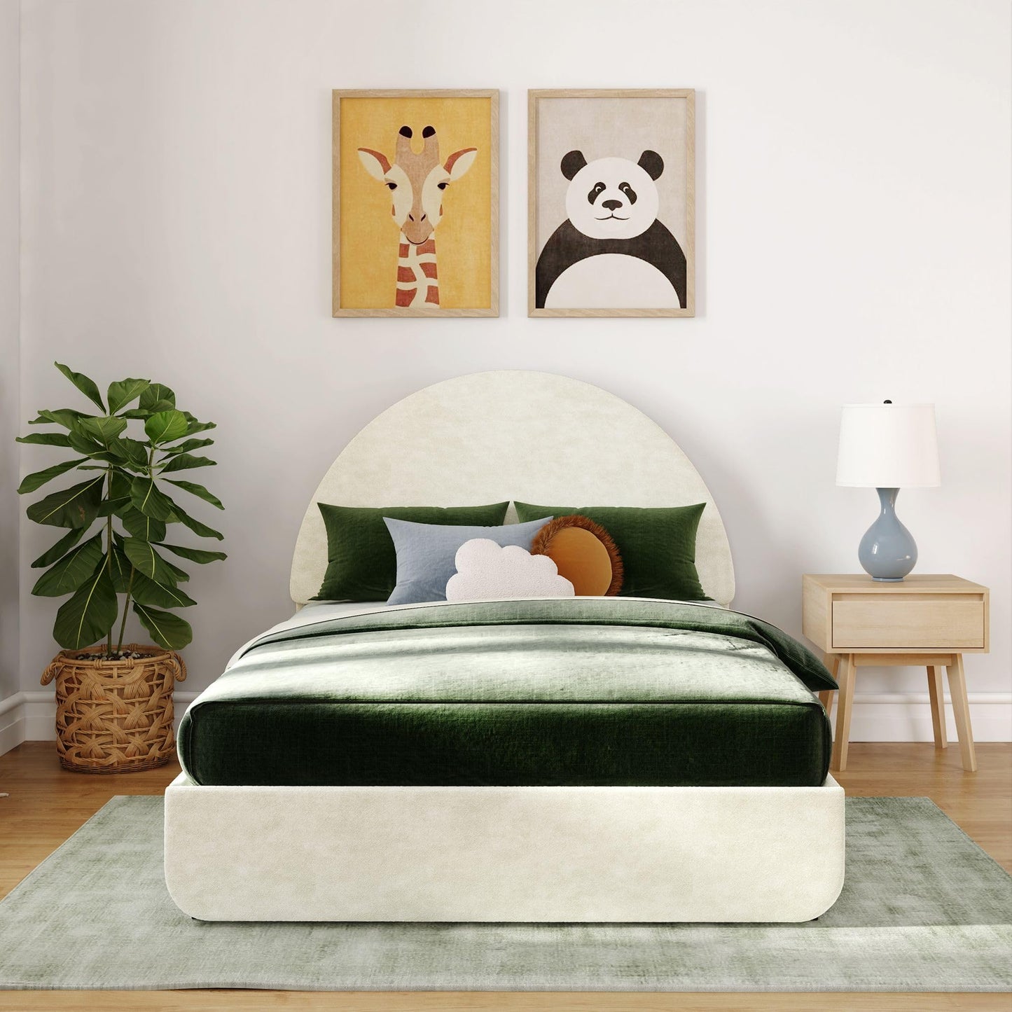 Max & Lily Upholstered Full Bed Frame with Arch Headboard, Upholstered Platform Bed for Kids, No Box Spring Needed, Easy Assembly, Cream