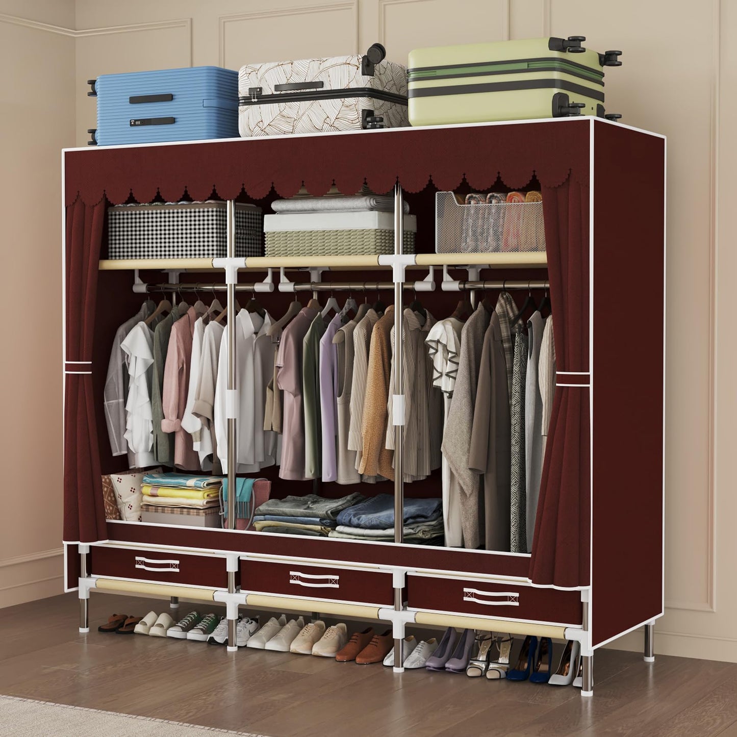 LEAIJIAFY Portable Wardrobe, Metal Frame with Crimson Non-Woven Cover, 3 Hanging Rods, 3 Drawers, 3 Lockers,Portable Wardrobe with Drawers, Clothing Storage, Bedroom