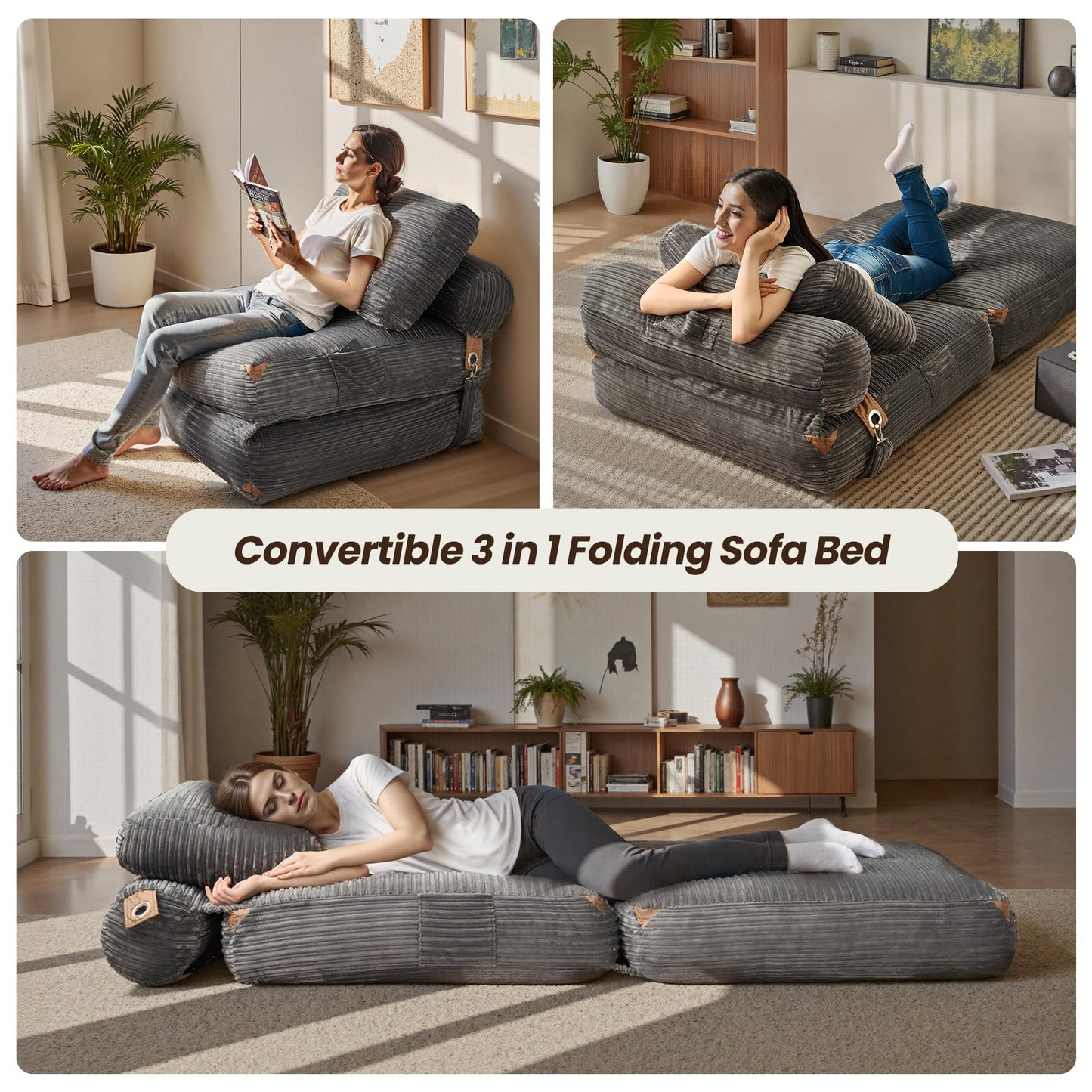 ovios Folding Sofa Bed, Convertible Sleeper Chair with Pillow Foldable Mattress with Back Support, Portable Fold Out Comfy Floor Lounge for Living Room Bedroom, Grey