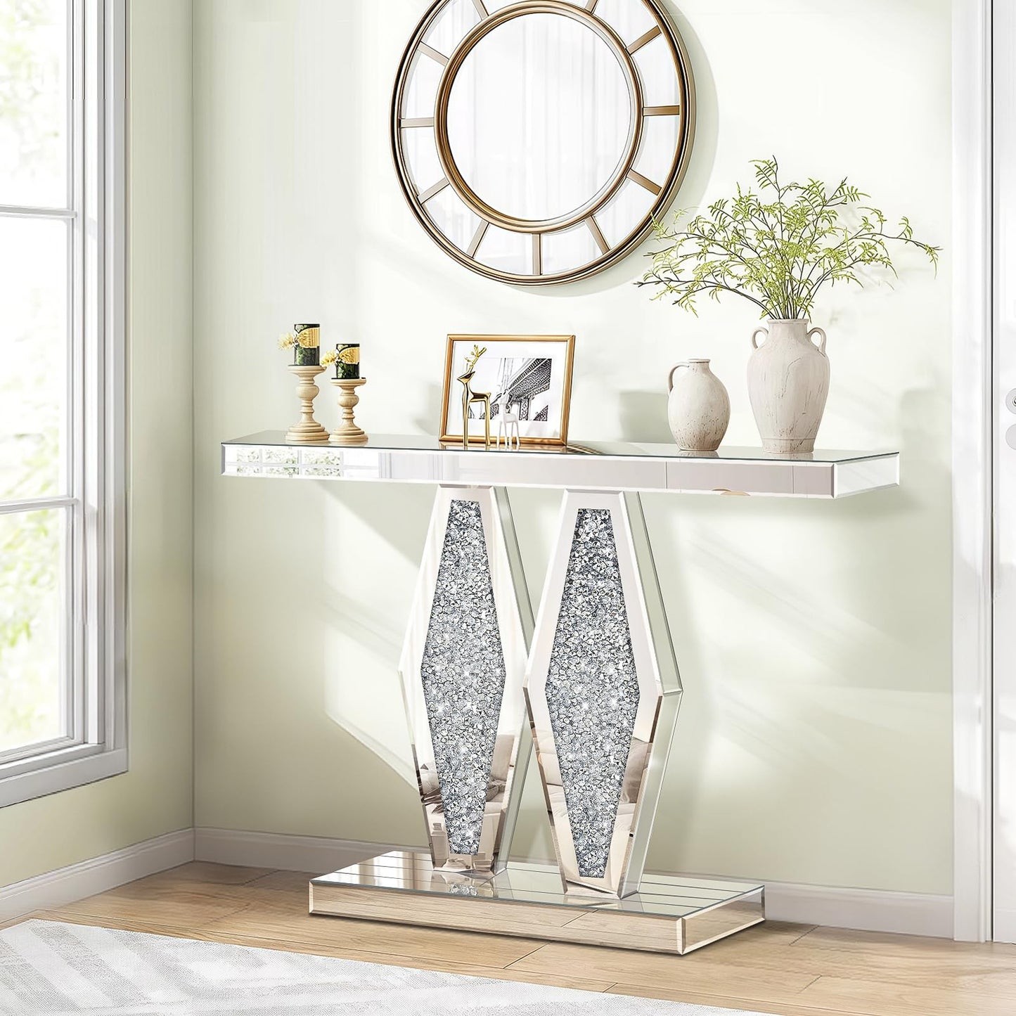 GA Home Modern Mirrored Entryway Console Tables with Crushed Diamond Inlay, 39.37" Long Silver Hallway Table for Entryway, Glam Glass Foyer Table for Home Decor