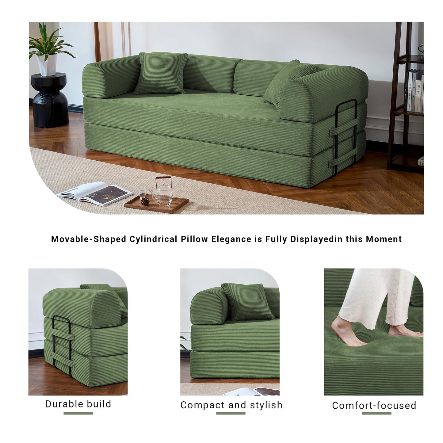 NNQ Compressed Sofa - Convertible Sofa Bed, Corduroy Compression Boneless Couch in a Box, Comfy Modular Foldable Floor Sleeper Sofa for Bedroom, Living Room (Corduroy Fabric, Olive Green)