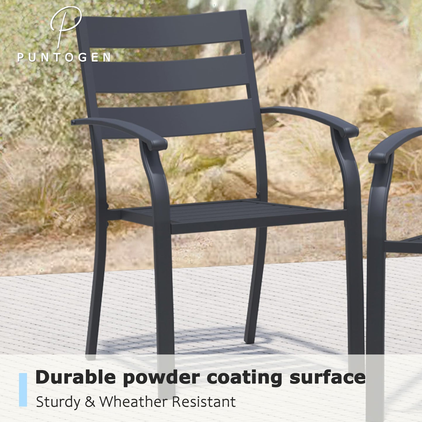 Puntogen Metal Patio Chairs Set of 4, Stackable All-Weather Outdoor Metal Chair, Wrought Iron Patio Chairs with Armrest, Outdoor Dining Chairs for Garden, Poolside, Backyard, Black