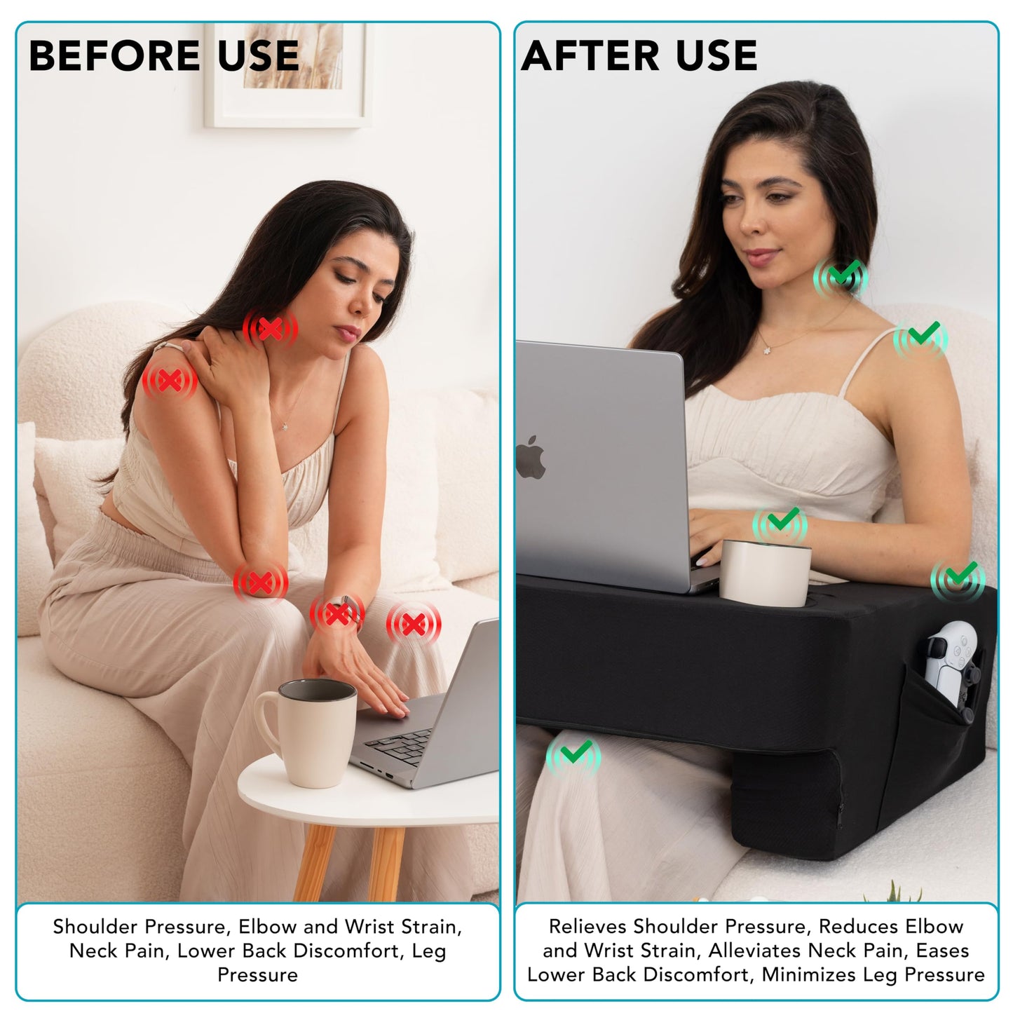 TabCouchCaddy Reading Pillow for Gaming – Extra Large Lap Desk & Arm Rest with Cup & Phone Holder, Adjustable Heights, Laptop Support, Large Pockets – Comfortable for Work, Gaming & Crocheting (Black)