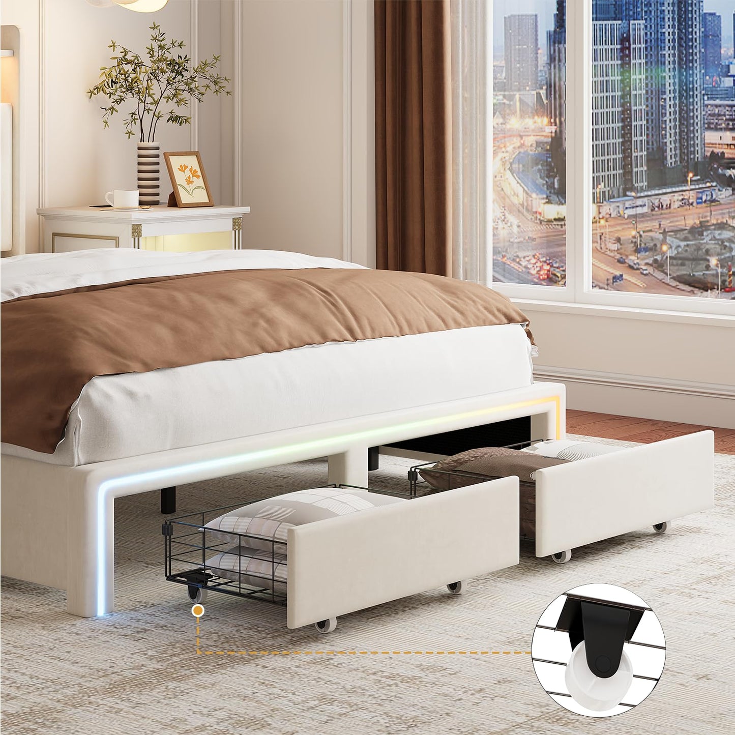 VINTLJUS King LED Bed Frame with Storage Headboard & Charging Station, Velvet Fabric Platform Bed Frames with 4 Drawers, Button Tufted Upholstered, No Box Spring Needed, Beige