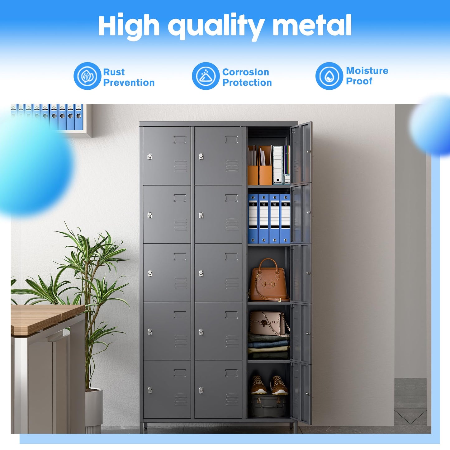 SUPEER 15 Doors Metal Lockers for Employees with Lock,Metal Locker with Card Holder for School Garage Office Gym Bedroom,Assembly Required,15 Door Dark Grey