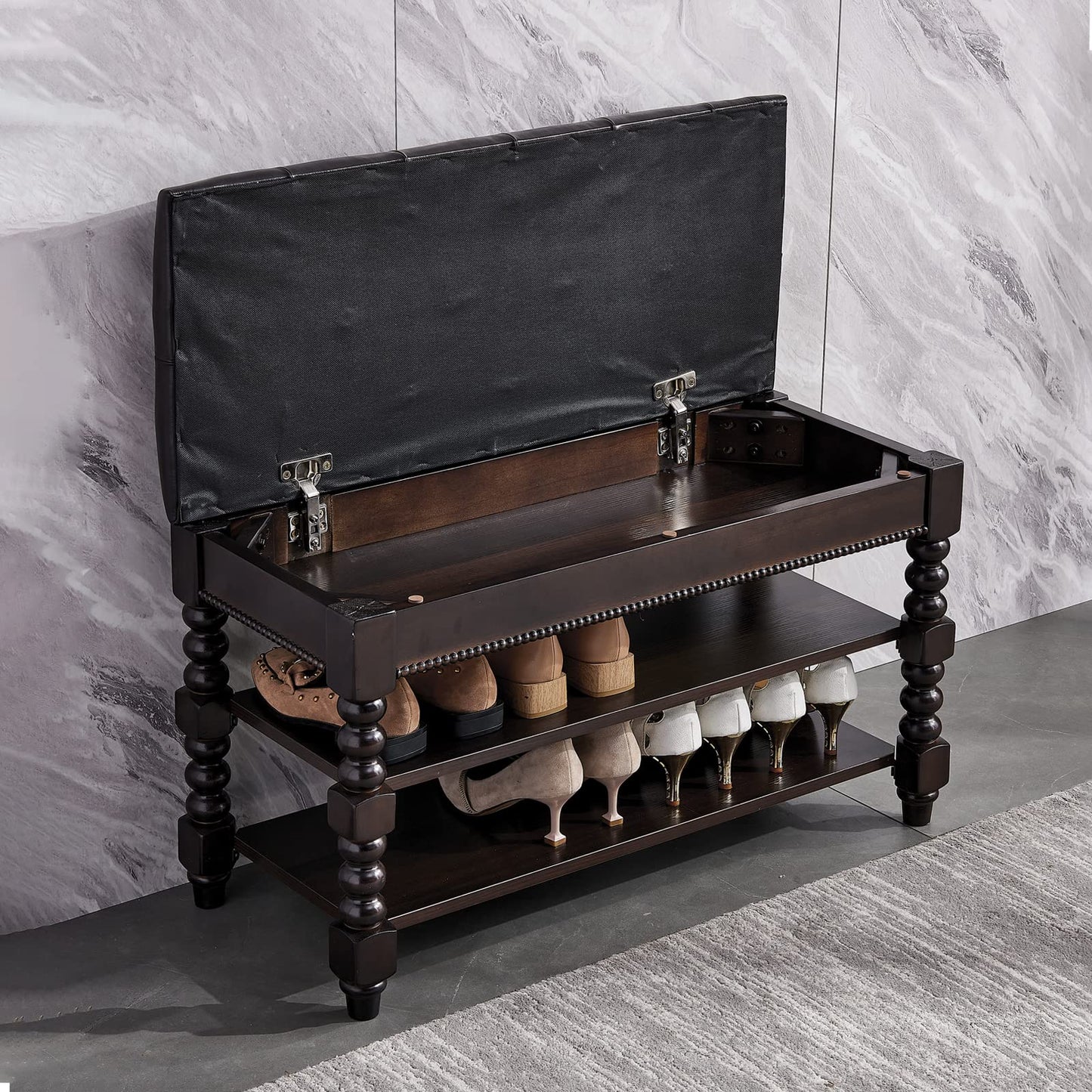 HOOTSMALL Shoe Storage Bench with Cushion, Entry Bench with Storage Solid Wood Shoe Bench Ideal for Entryway Living Room and Corridor (Walnut 31.5'')