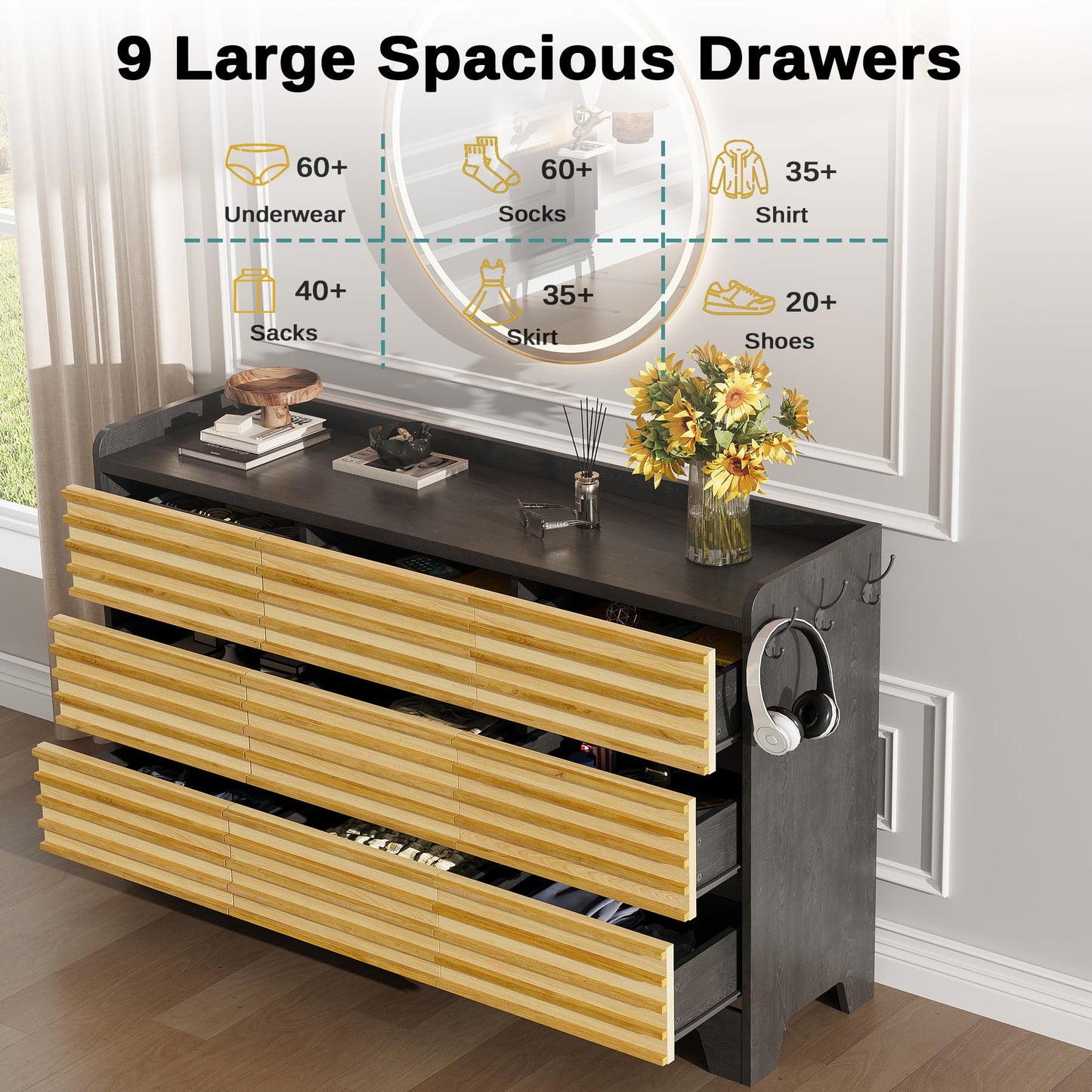 ANCTOR Fluted Dresser for Bedroom with 9 Drawers, 59" Wide Wood Chest of Drawers with 3 Hook and Elevated Tabletop, TV Stand with Drawers, Large Drawer Dresser for Bedroom, Living Room, Hallway, Black