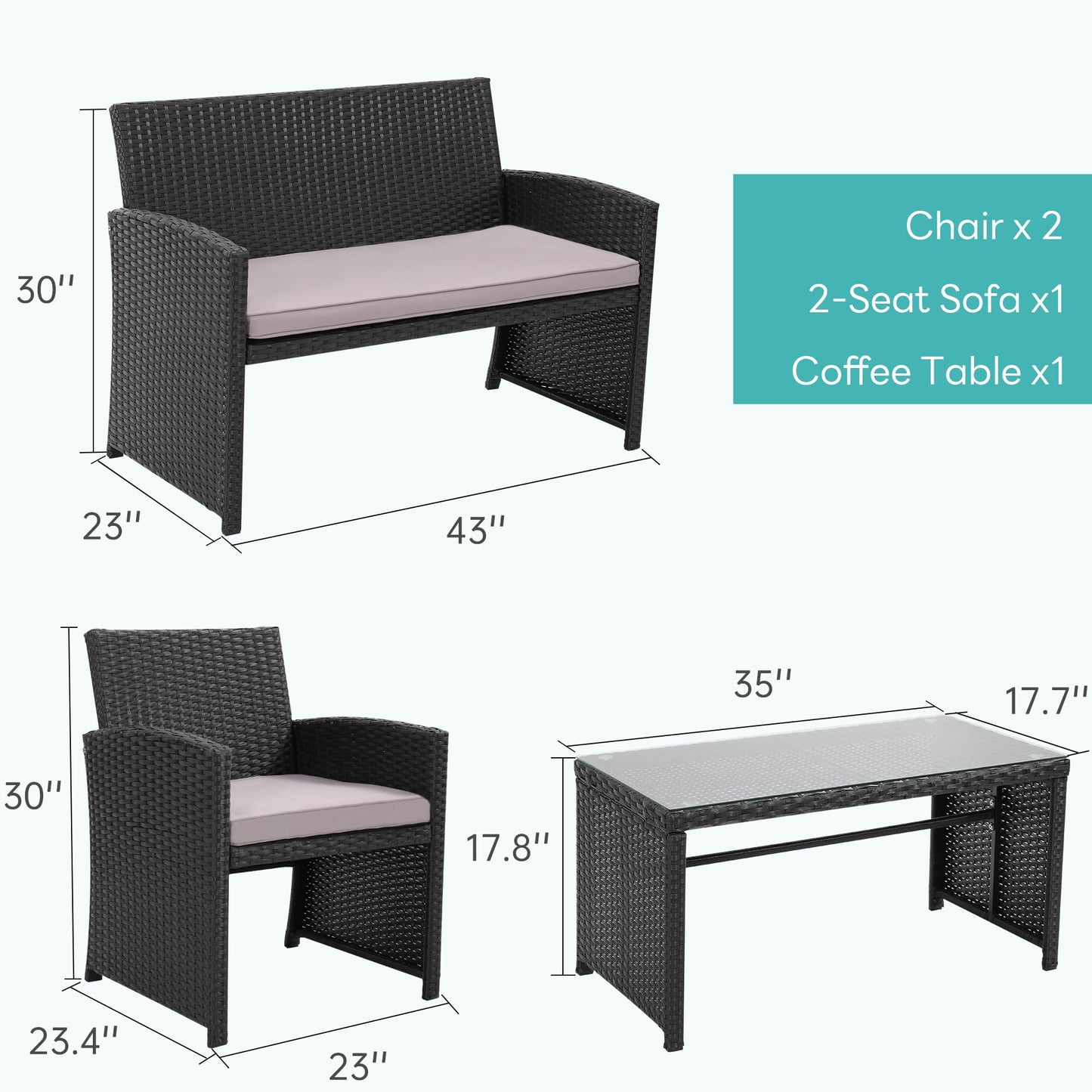 Murago 4 Piece Patio Furniture Set, Wicker Outdoor Conversation Sets, Patio Furniture with Matching Wicker Coffee Table, Sofa, and 2 Chairs,Black Rattan with Light Grey Cushion