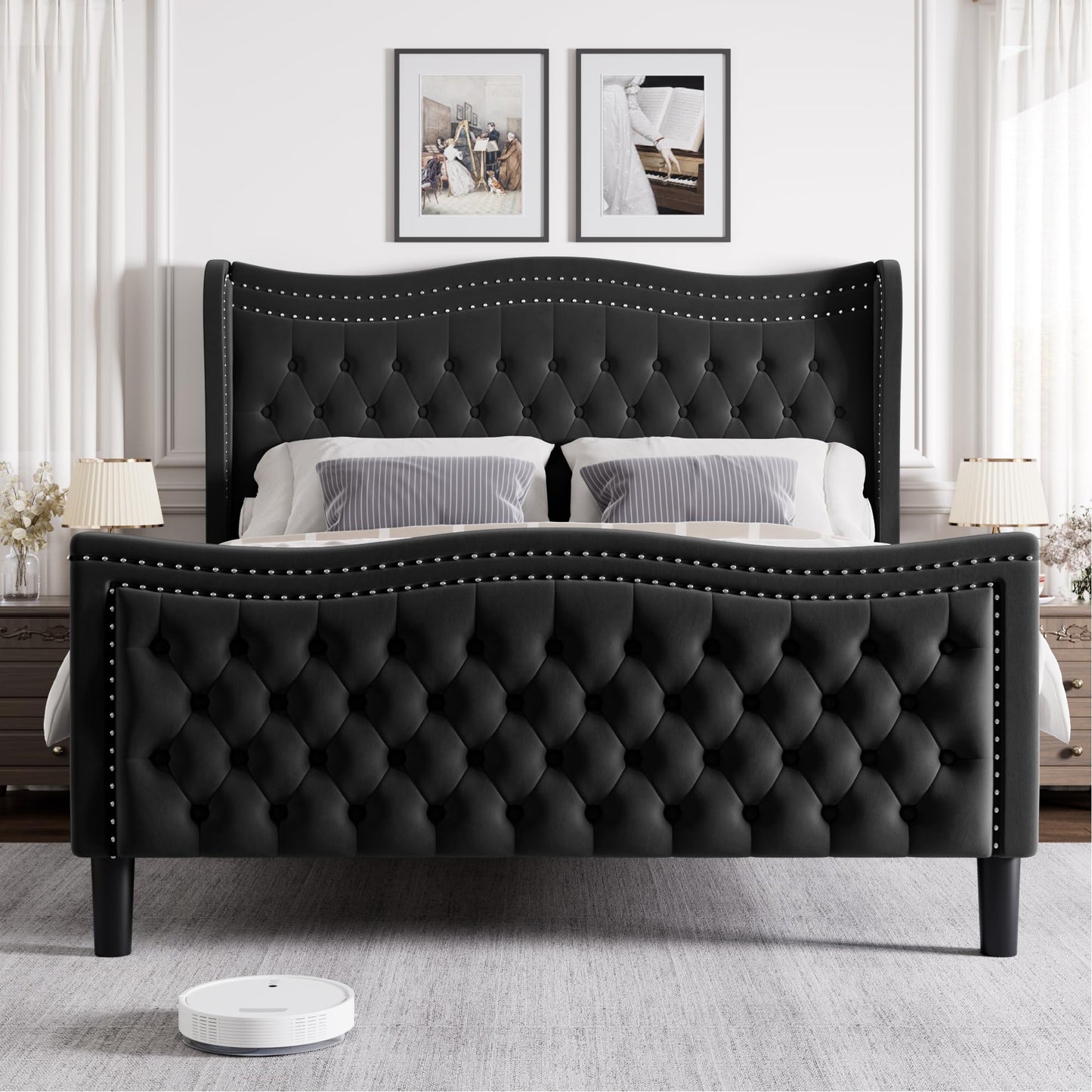 Generic Queen Bed Frame, 52"" Headboard Upholstered Bed with Tall Footbaord, Velvet Upholstered Deep Button Tufted Wingback Platform Bed, No Box Spring Required/Wood Slat Support/Black