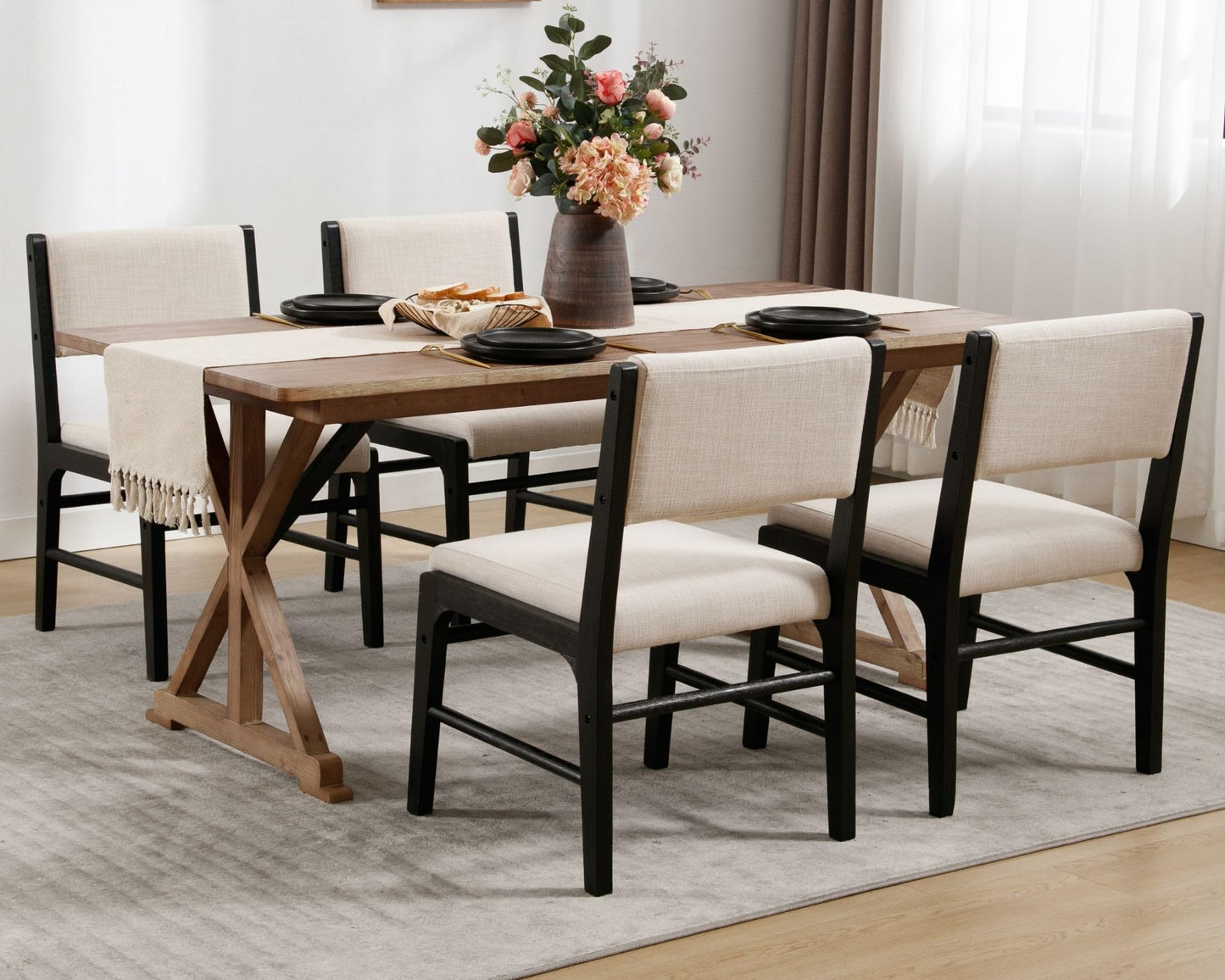 HNY Set of 4 Beige Linen Dining Chairs with Black Wood Frame, Modern Fabric Upholstered Kitchen Chair with Rectangular Back, Armless Wooden Kitchen & Dining Room Accent Side Chairs for Living Room