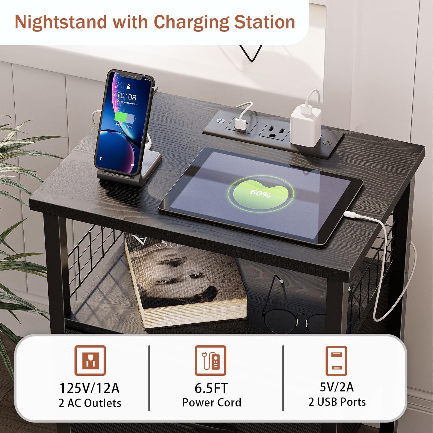 LAKEMID Night Stand Set 2 with Charging Station, End Table Set of 2 with 20 Colors LED Light Strip, 3 Fabric Drawers, Bedside Table with USB Ports and Outlets for Bedroom (Black)