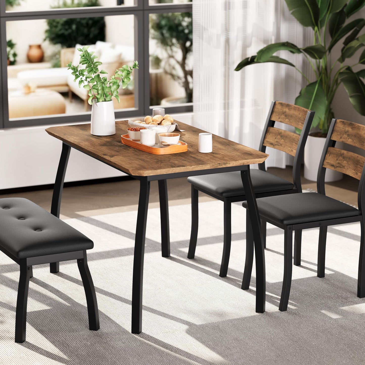 GAOMON Kitchen Table Set for 4, 4-Piece Dining Table with 2 Chairs and PU Upholstered Bench - Cutting Corner Tabletop Design, Space-Saving Kitchen Furniture for Studio, Restaurant, Retro