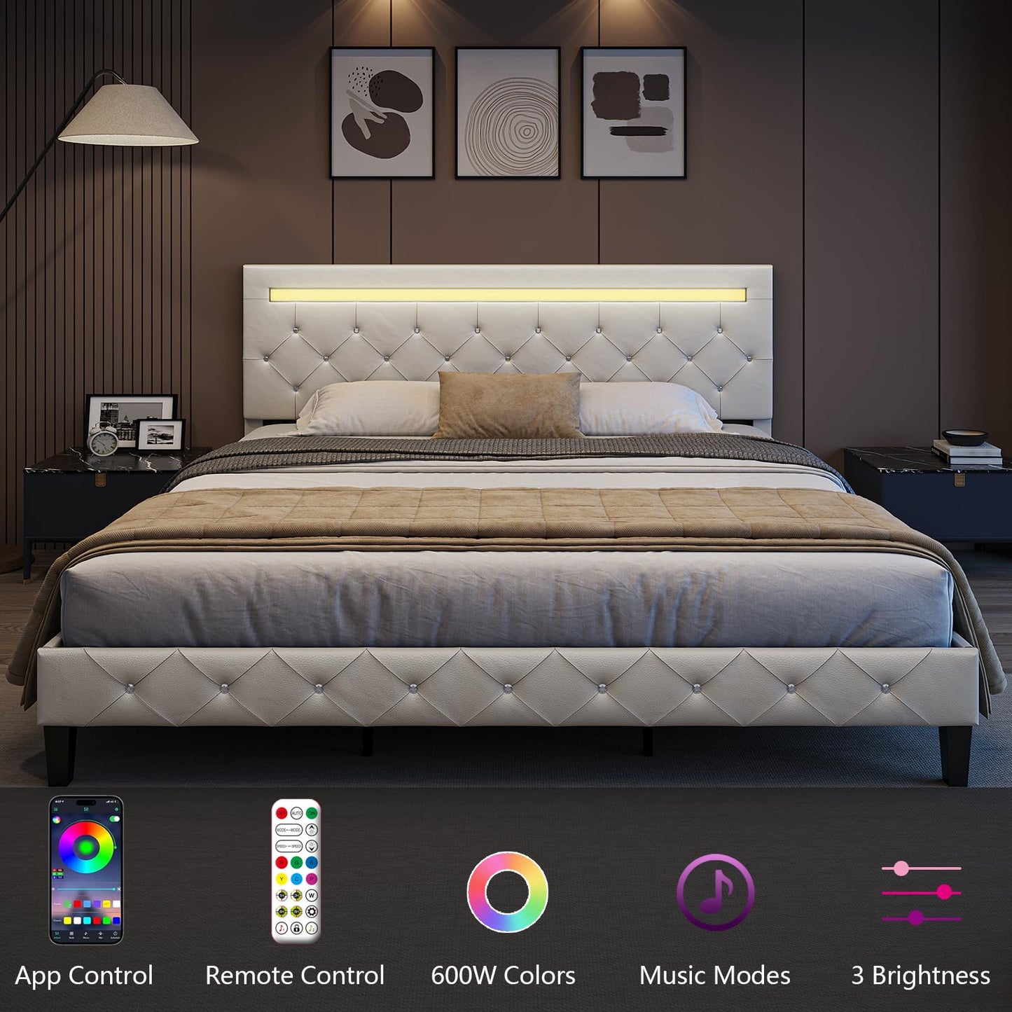 Benevika King Size Bed Frame with LED Lights, Upholstered Platform Bed Frame, Adjustable Headboard with Charging Station, Wooden Slats Support, Easy Assembly, No Box Spring Needed, White