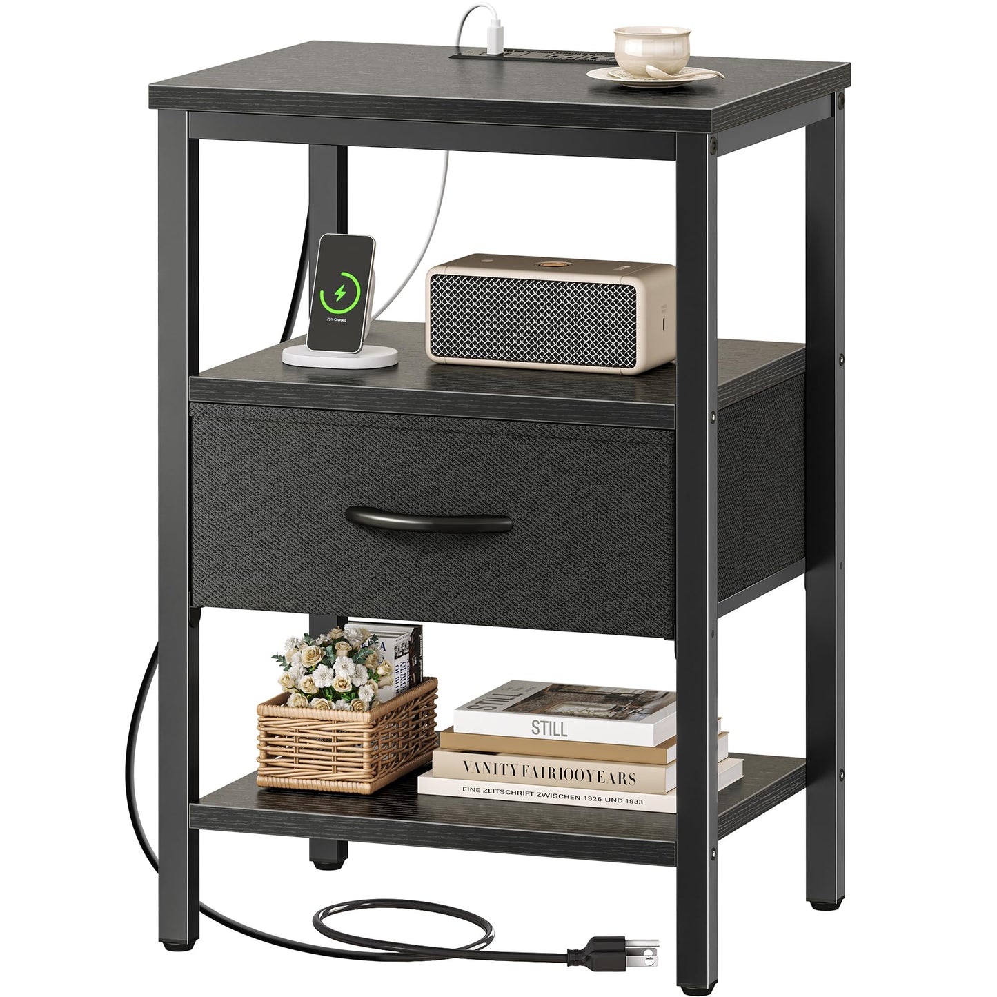 SUPERJARE Nightstand with Charging Station, Bed Side Table with Adjustable Fabric Drawer, Night Stand for Bedroom, 3-Tier Storage End Table, for Living Room, Black