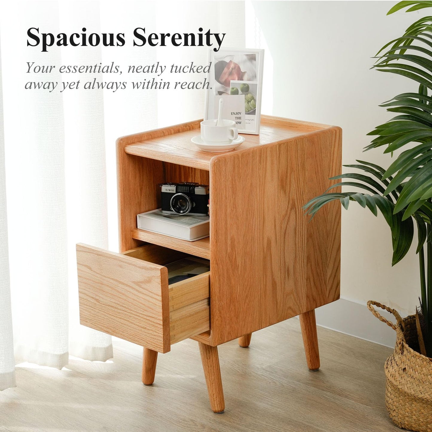 Cttasty Night Stand, Solid Wood Nightsatnd with One Drawer & Open Shelf, Mid Century Modern Nightstand, Durable & Sturdy Small End Table, 11.81 W x 15.75 D x 22.05 H Inches, (Natural)