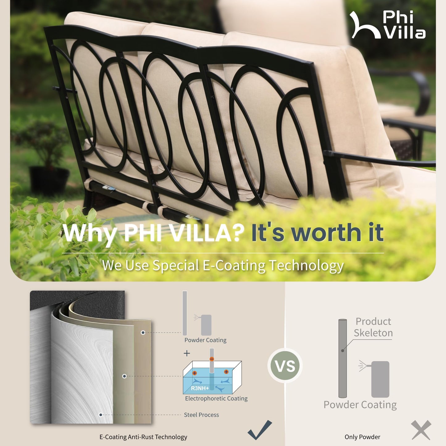 PHI VILLA Wicker & Metal Outdoor Patio Couch,3-Seat Patio Sofa with Deep Seating for Front Porch, Deck, Balcony, Backyard, Sunroom