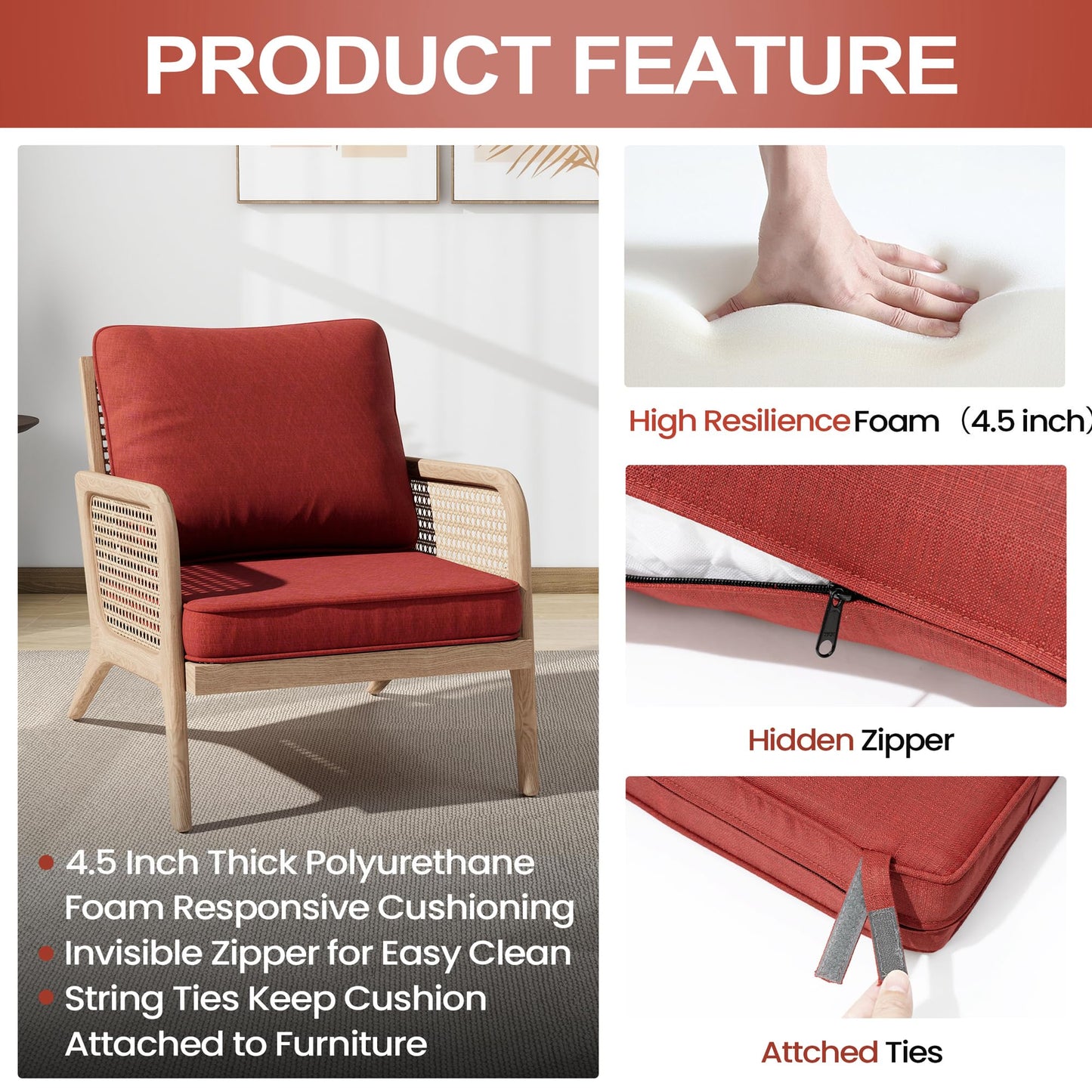 PATIOHIT 24x24 Inch Outdoor Cushions for Patio Furniture Water Resistant Patio Chair Cushions 2-Year Fade Resistant Deep Seat Cushions, Replacement Cushions for Outdoor Furniture (Cherry Red)