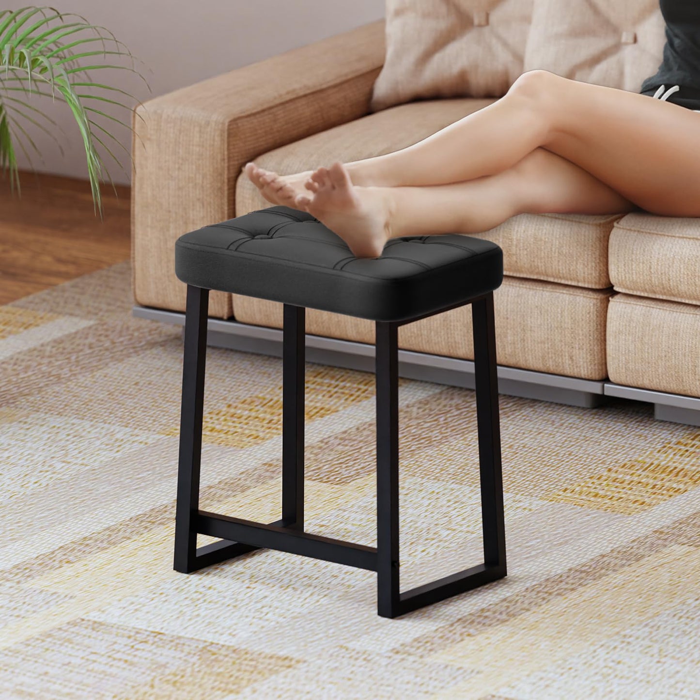 iTsst Vanity Stool Chair, Makeup Stool for Vanity,Small Ottoman Footrest for Bathroom, Bedroom, Living Room, Entryway, Offices，Leather &Metal Legs with Anti-Slip Feet, Black