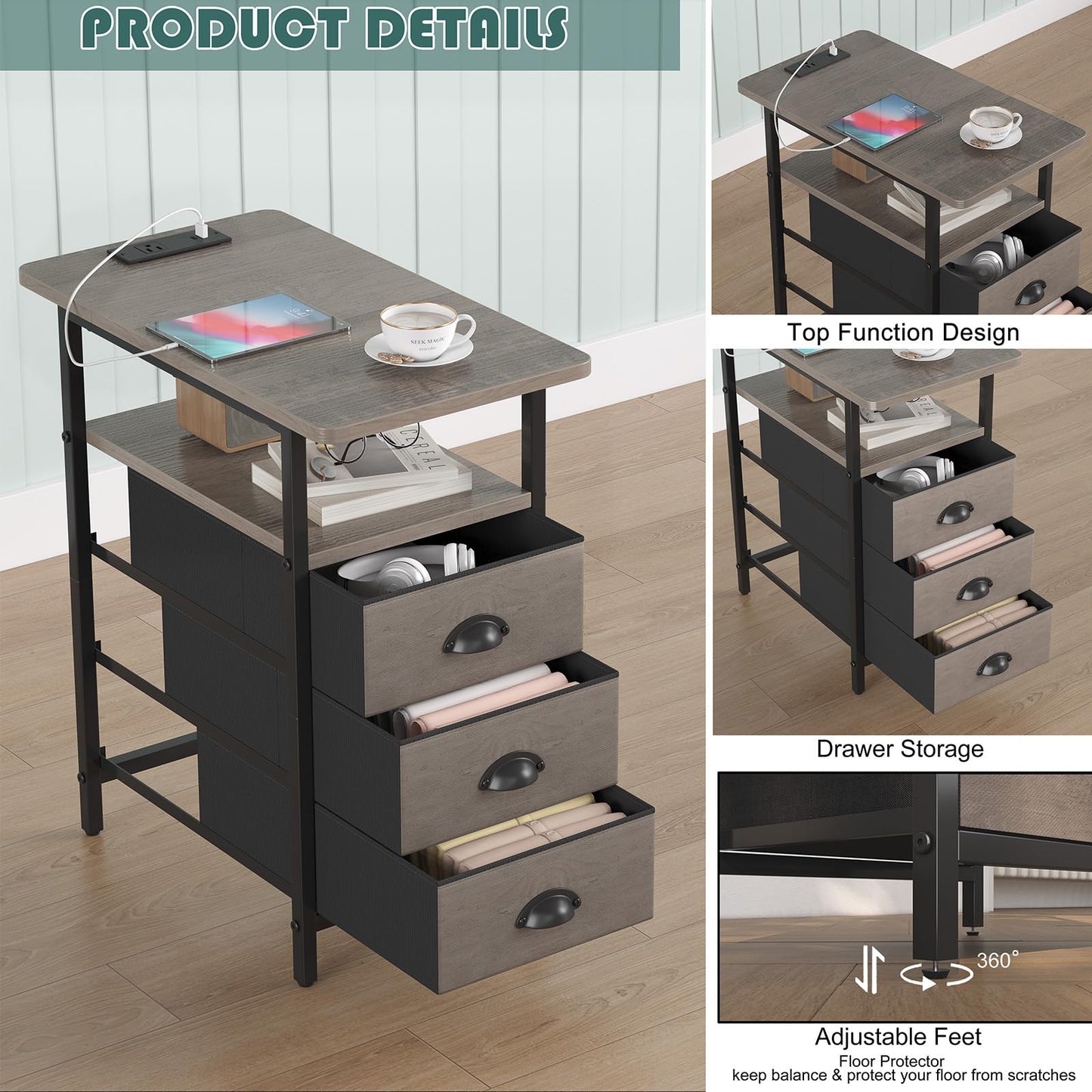 sthmec End Table with Charging Station, Side Tables Livingroom with USB Ports and Outlets,Narrow Nightstands Bedside Tables with 3 Drawers for Small Space,Slim Sofa Table Bedroom,Grey