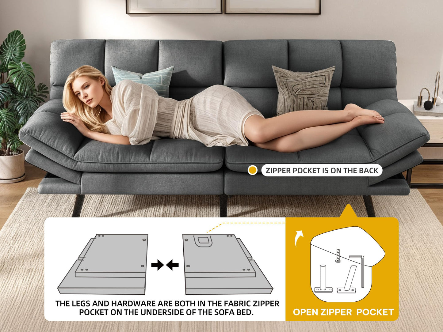 DWVO Multifunctional Futon Sofa Bed, Convertible Sleeper Sofa, 70" Folding Futon Set for Living Room Home Office Aprtment, Modern Folding Couch with Adjustable Backrest & Armrests, Grey