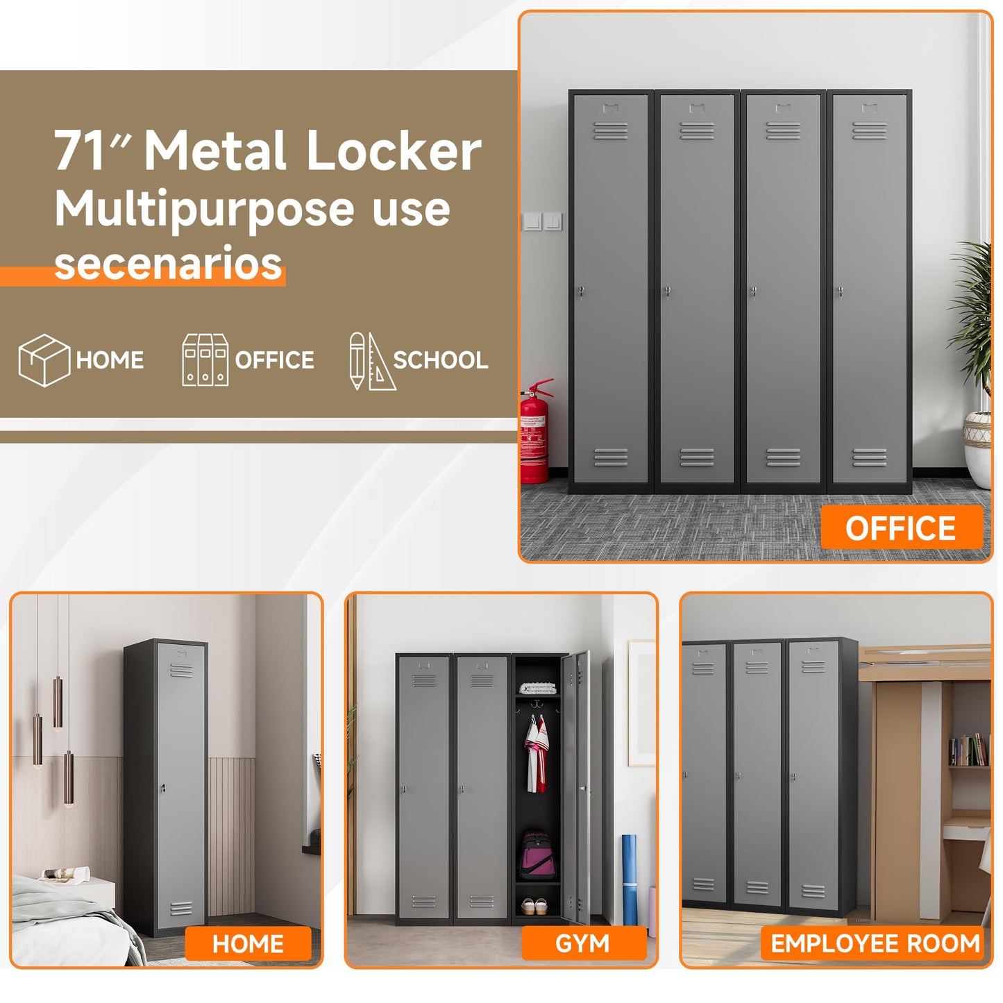 Topass Metal Lockers for Employees with Keys, 71" Tall Steel Storage Cabinet with Lockable Door, Metal Storage Locker for School Office Gym (1-Door, Black&Grey)