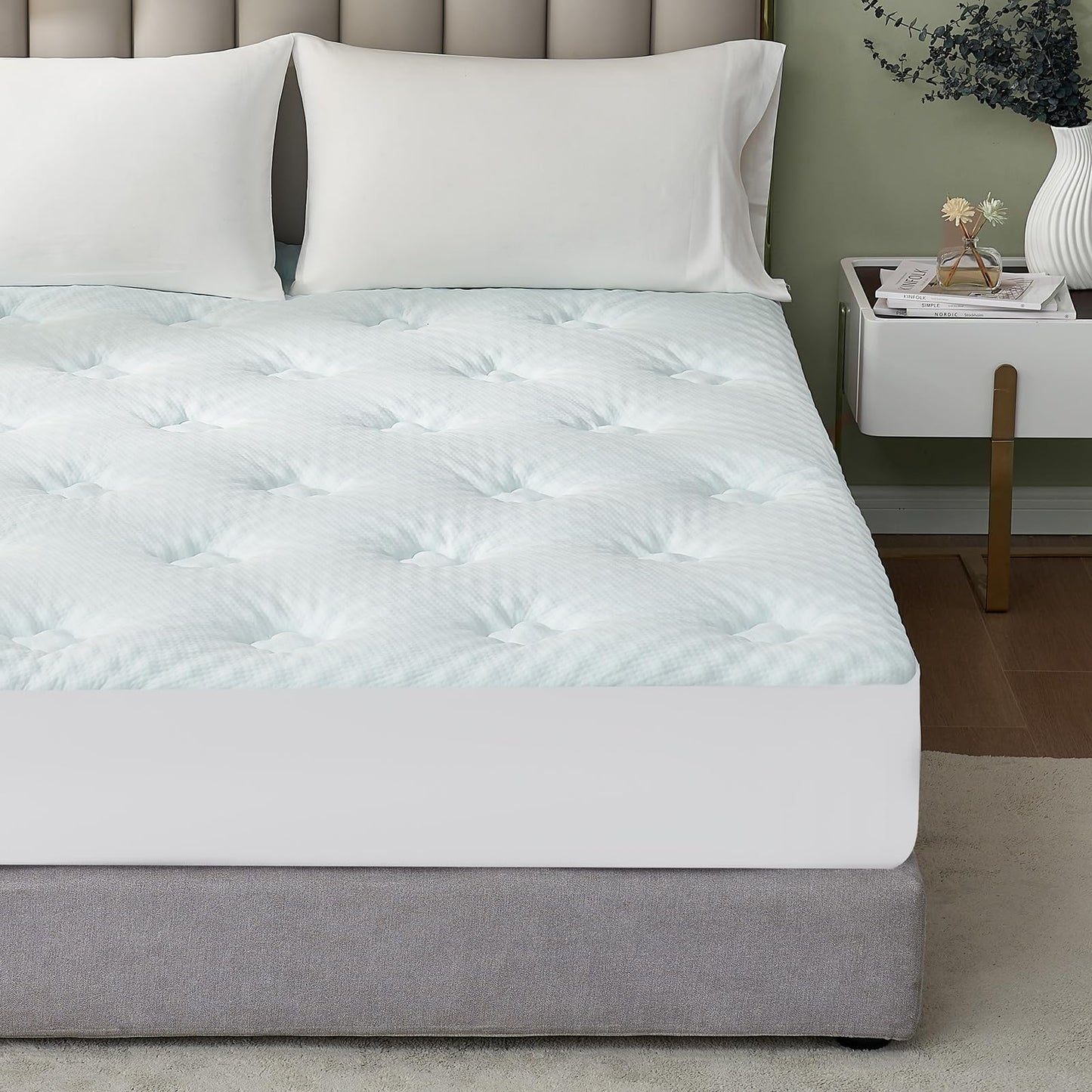 Hansleep Queen Mattress Topper Viscose Derived from Bamboo, Memory Foam Pillow Top Mattress Topper Queen with Deep Pocket, Breathable Mattress Pad for Back Pain Relief, 60" x80", White