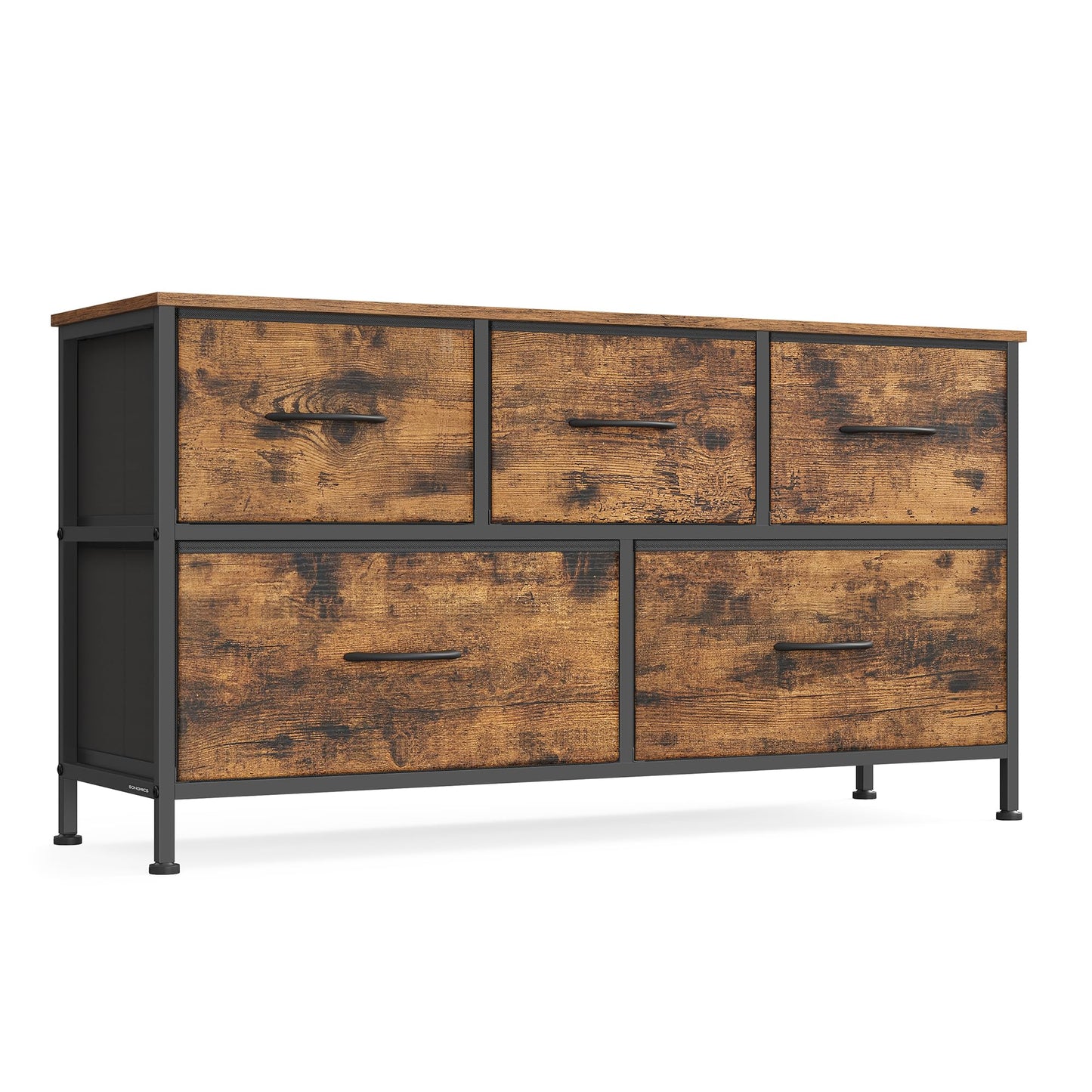SONGMICS Dresser for Bedroom, Chest of Drawers, TV Stand, Steel, MDF, 5 Non-Woven Fabric Drawers, Storage Organizer Unit, Closet, Entryway, Rustic Brown and Ink Black ULGS322B02S