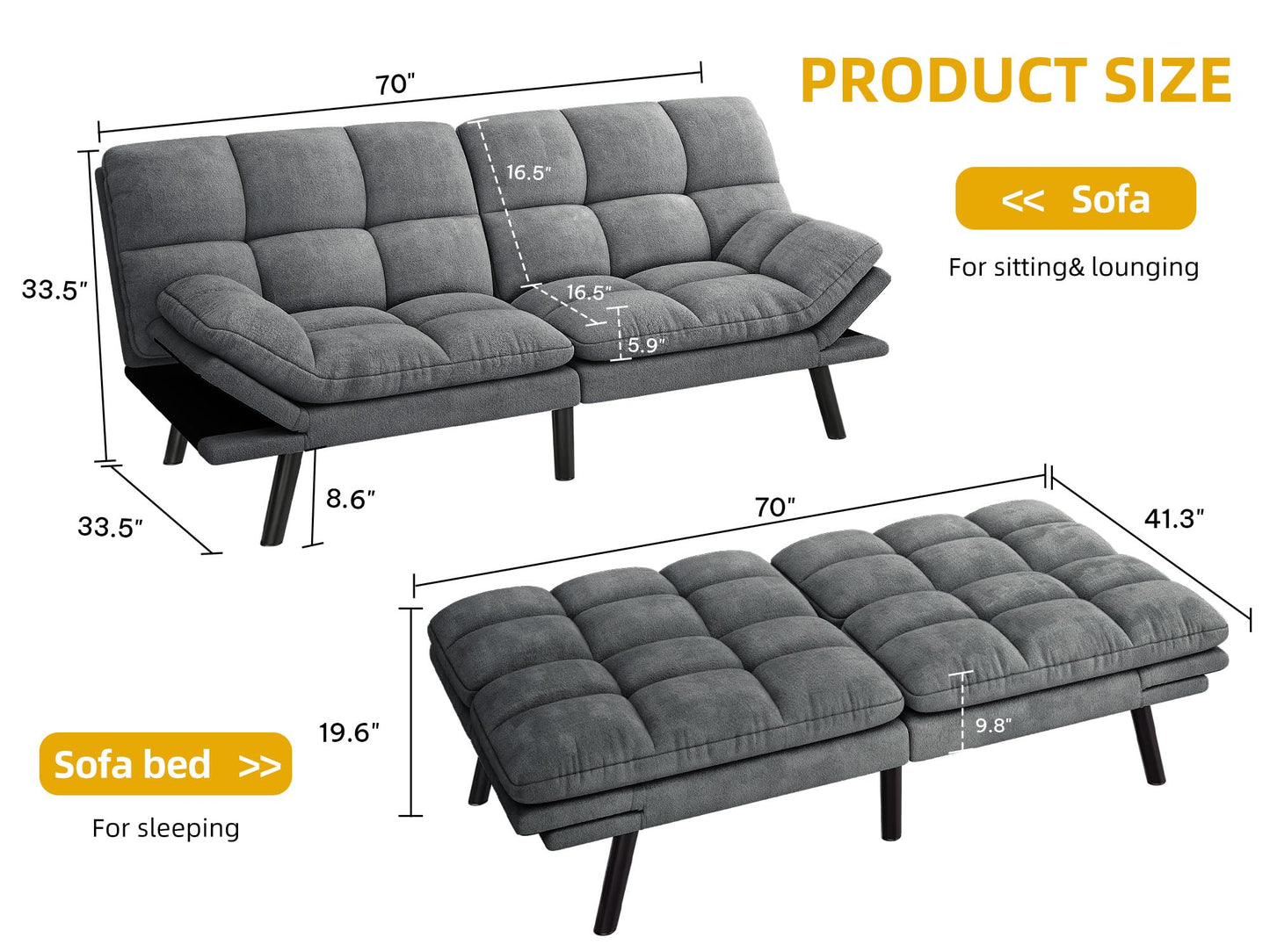 DWVO Multifunctional Futon Sofa Bed, Convertible Sleeper Sofa, 70" Folding Futon Set for Living Room Home Office Aprtment, Modern Folding Couch with Adjustable Backrest & Armrests, Grey