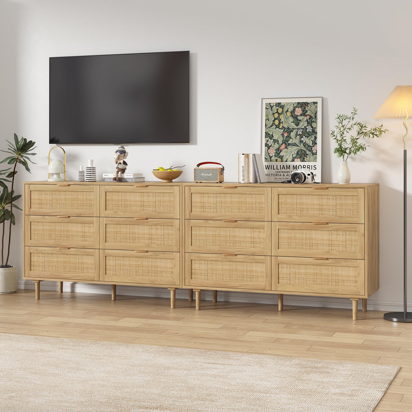 Furnideco 6 Drawer Rattan Dresser for Bedroom Wood Dresser for Closet with Solid-Wood Legs Boho Chest of Drawers Beside Table for Bedroom, Living Room, Natural