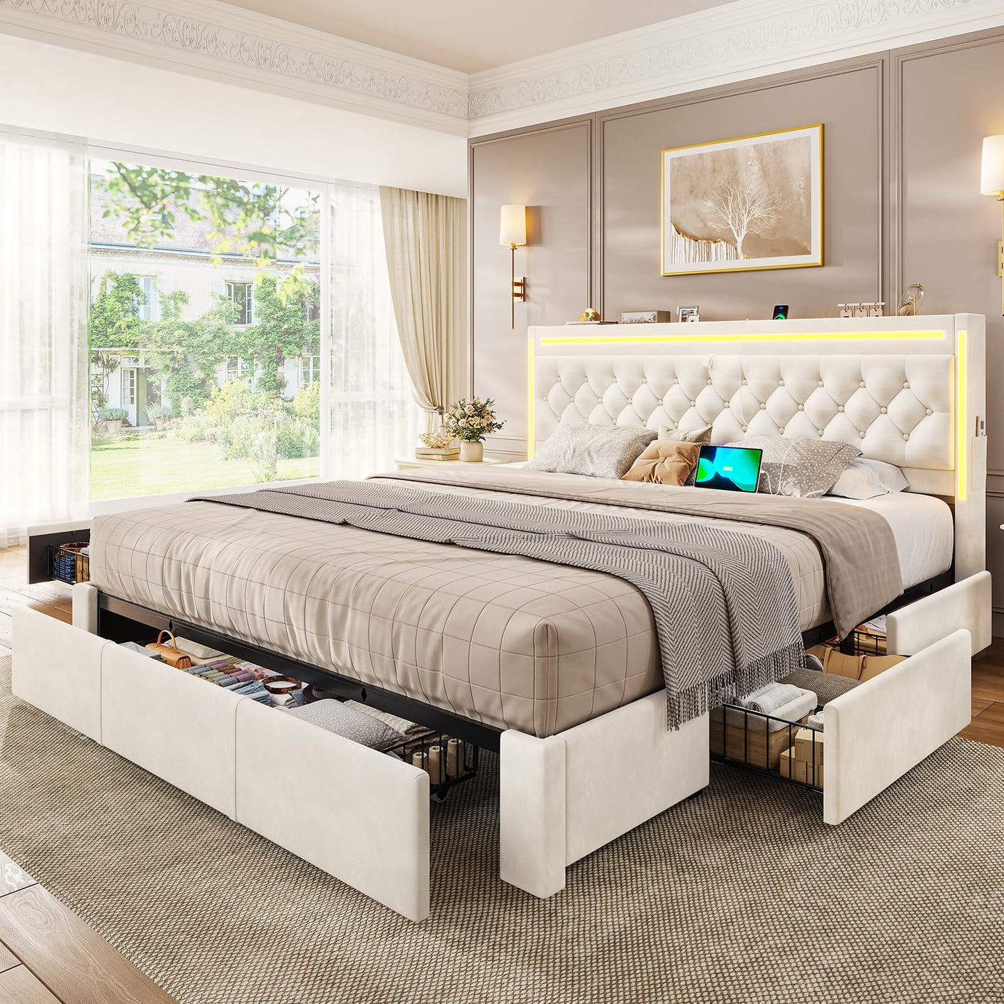 BTHFST King Upholstered LED Bed Frame with 5 Drawers, Velvet Hidden Storage Headboard with Charging Station, Button Tufted Headboard and Heavy Duty Metal Slats Support, No Box Spring Needed, Beige