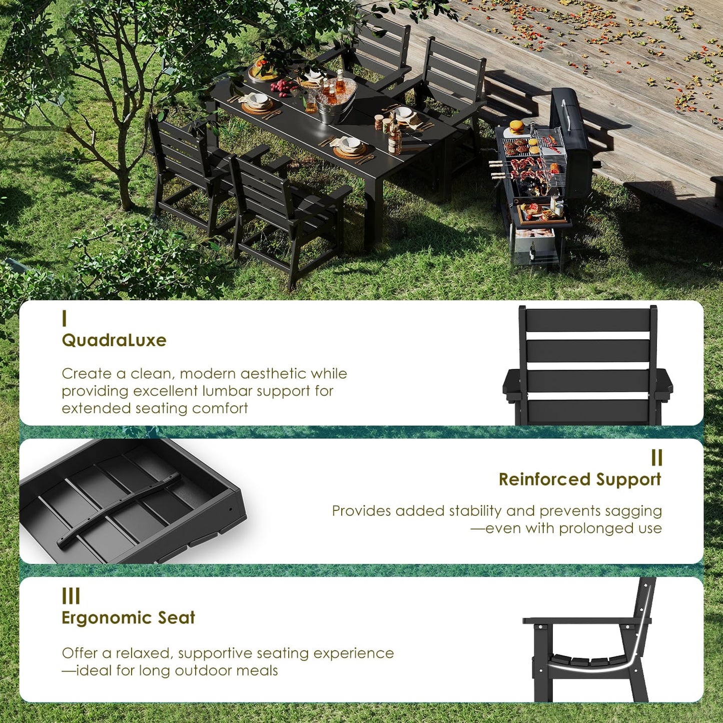 GREENVINES Patio Chair | Outdoor Dining Chairs Set of 2 | HDPE Plastic | Armrests | All Weather | QuadraLuxe | Black | for Backyard Deck Poolside Garden