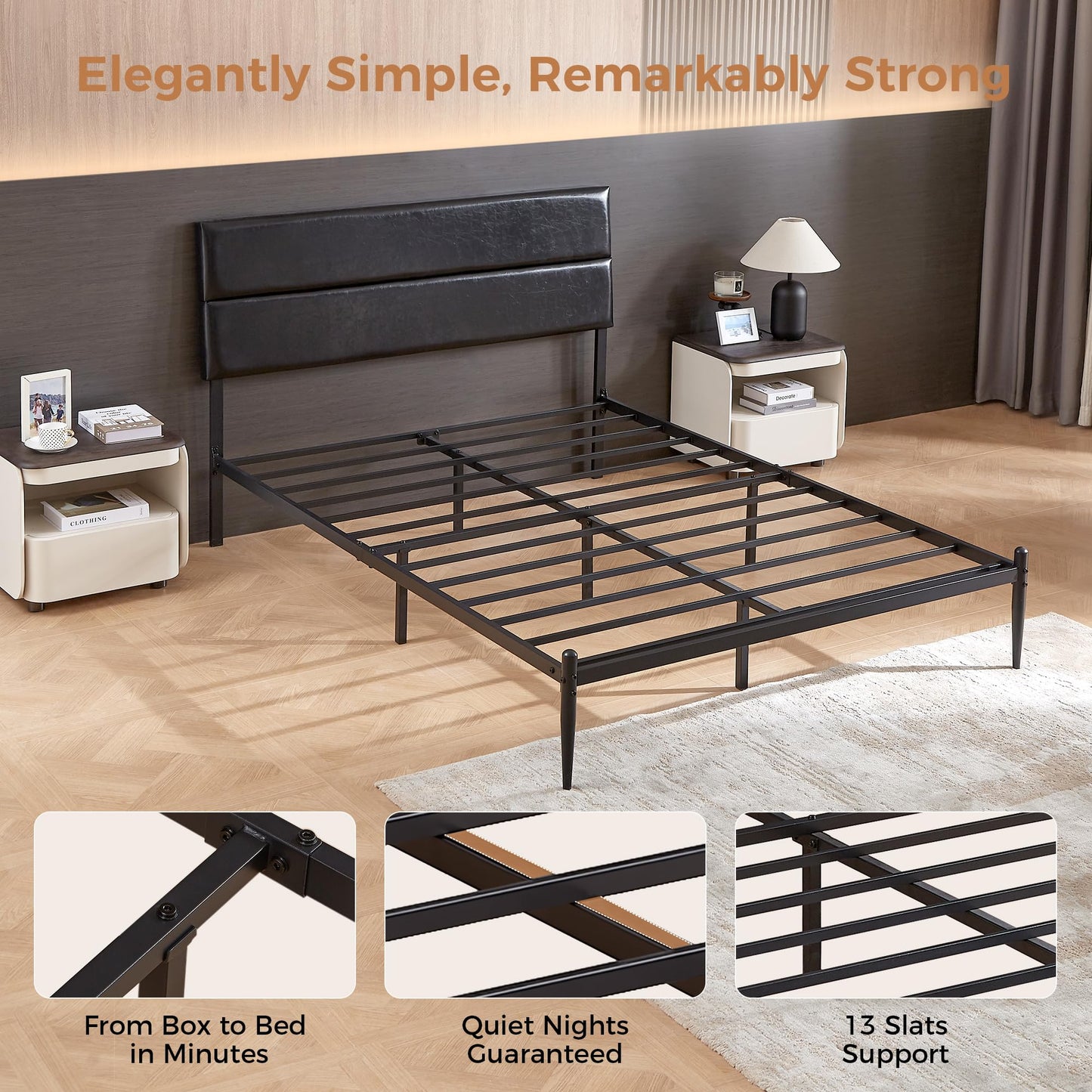 BedsPick Queen Size Bed Frame, Platform Bed Frame with Upholstered Headboard, 12 Quiet Slats, Urban Style Design, No Box Spring Needed (Dark Black)
