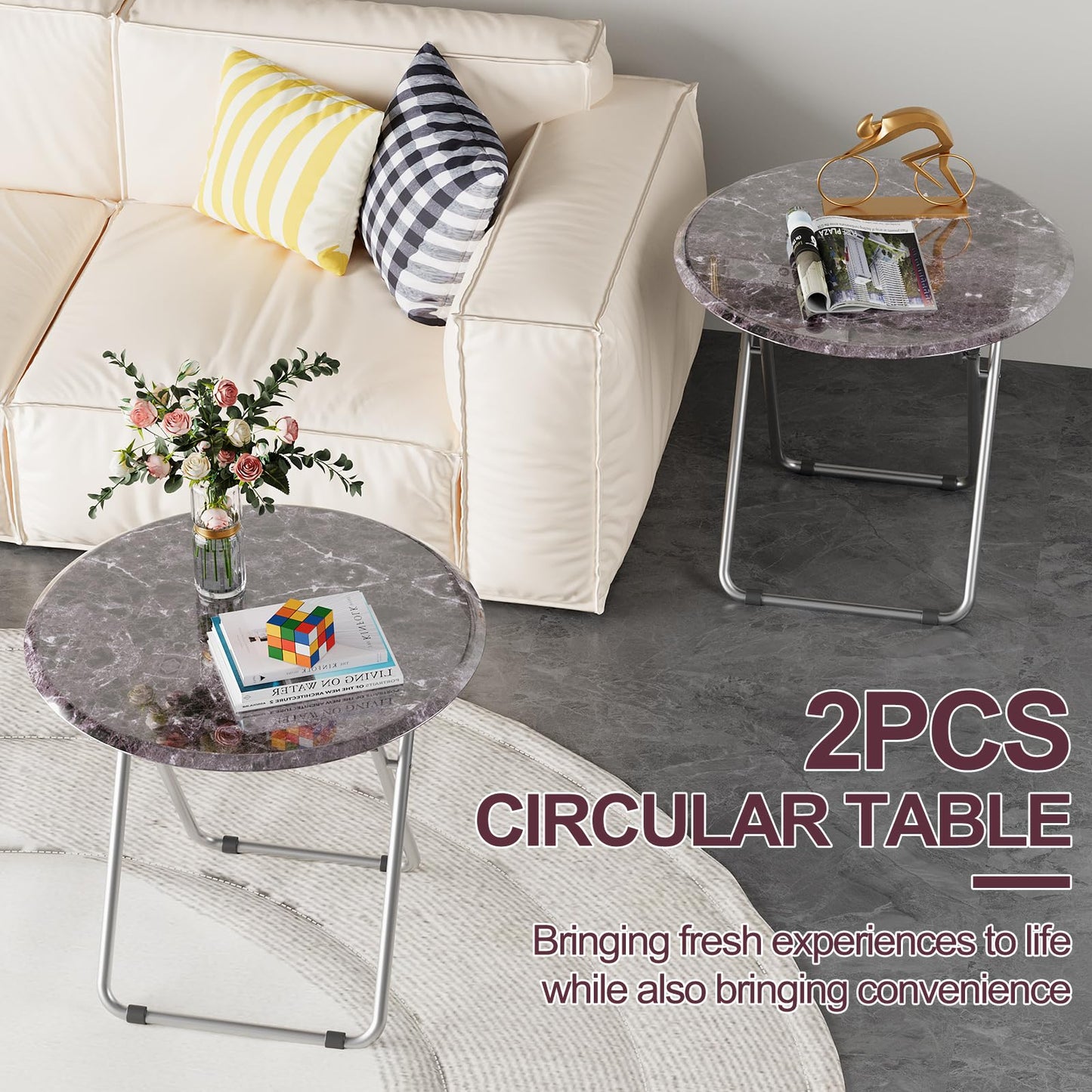 Fleecy day TV Tray Table, Portable TV Dinner Table for Eating, Small Foldable Round Table, TV Side Trays Table Set of 2, Snack Table for Couch, Living Room, Outdoor, Small Space (Black Marble, 2Pcs)