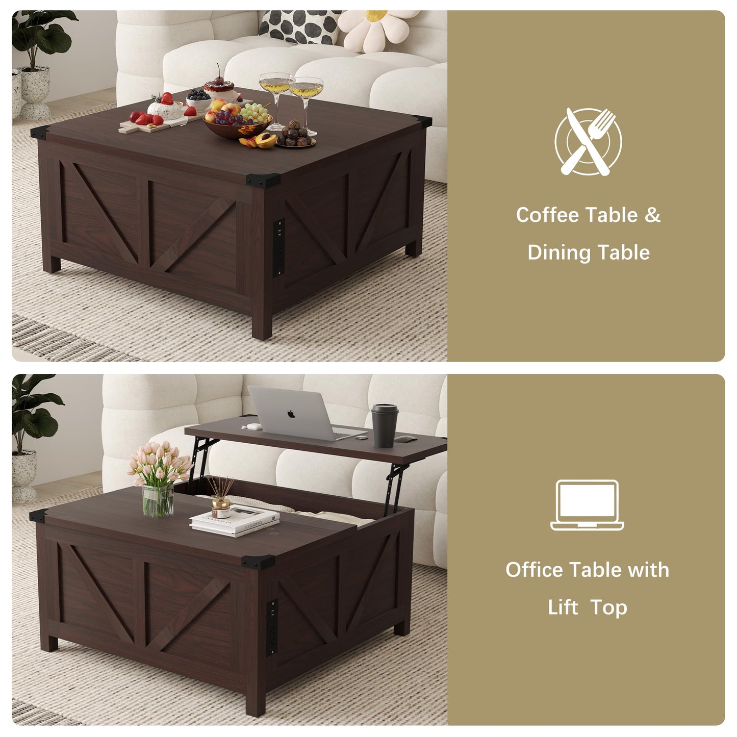 Otterease Farmhouse Coffee Table, 35'' Lift Top Coffee Table with Storage and Large Hidden Storage, Square Coffee Tables with Charging Station, Brown Coffee Tables for Living Room, Home, Office