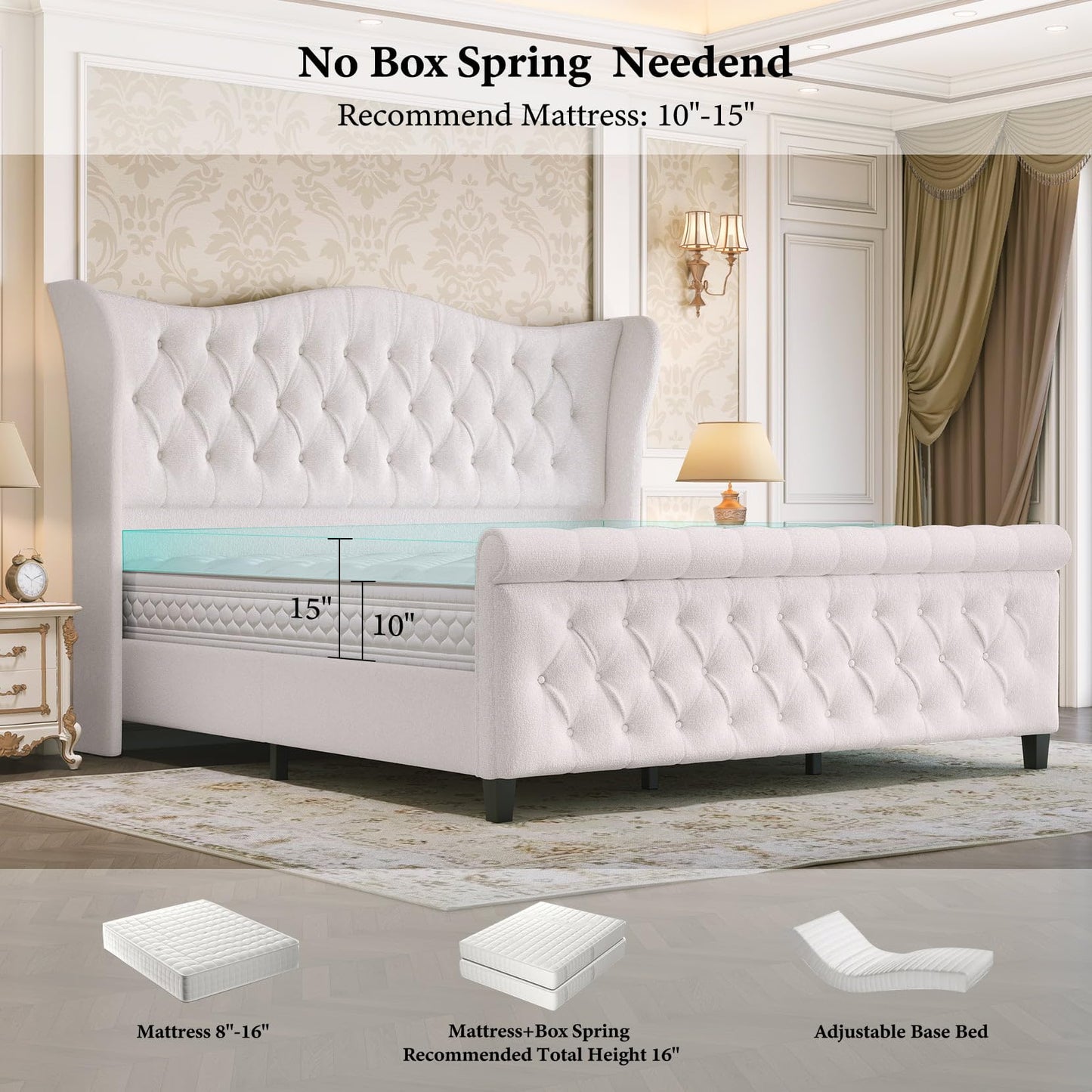koorlian King Size Chenille Upholstered Bed Frame, Sleigh Platform Bed Frames with 51" Tall Wingback Headboard & 27" Scroll Footboard, Button Tufted/No Box Spring Required/Wood Slats Support/Cream