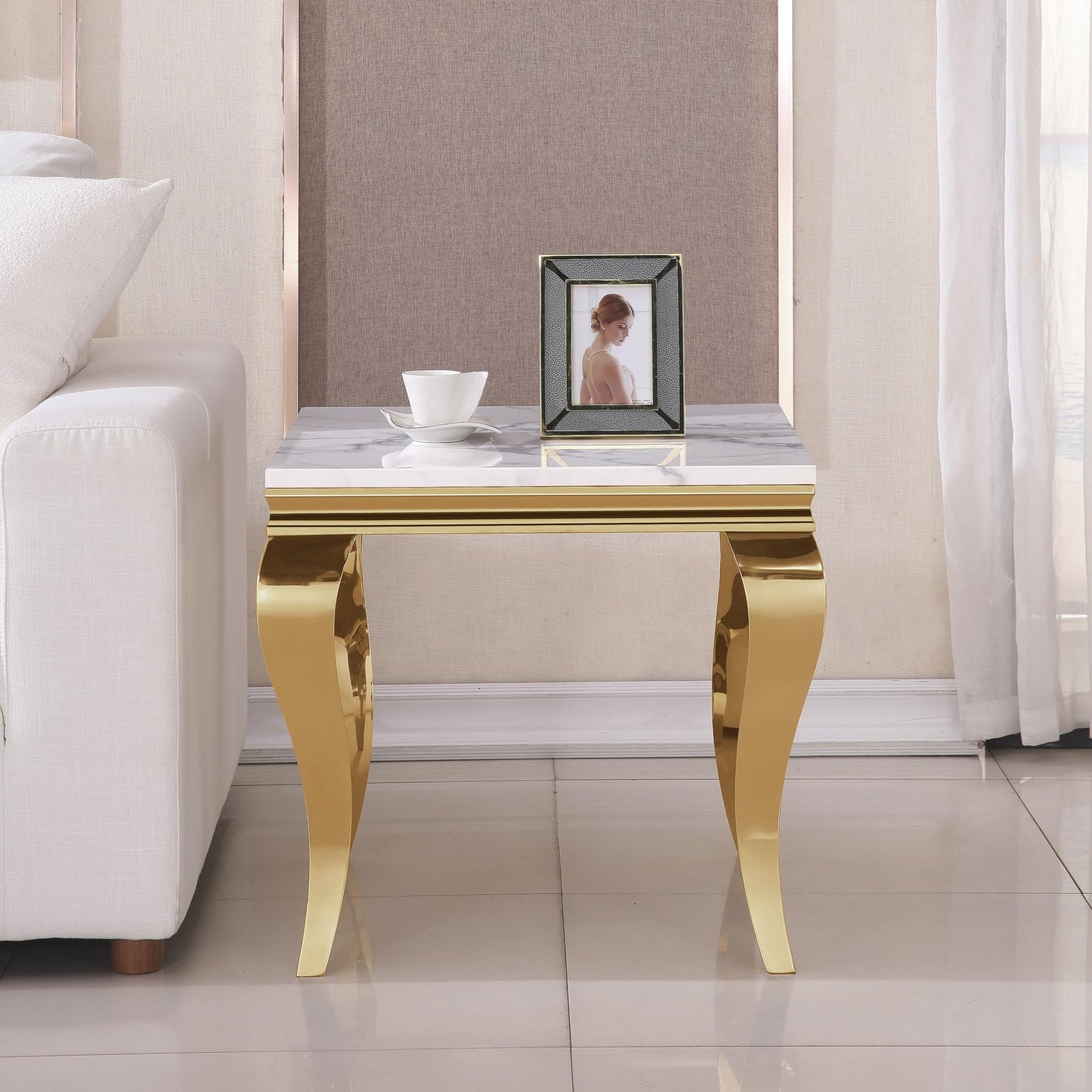 SSLine Modern 3 Piece Living Room Table Set, Includes 1 Coffee Table & 2 End Tables, Luxury Faux Marble Coffee End Table Set with S-Shape Stainless Steel Legs (White Marble& Gold3)