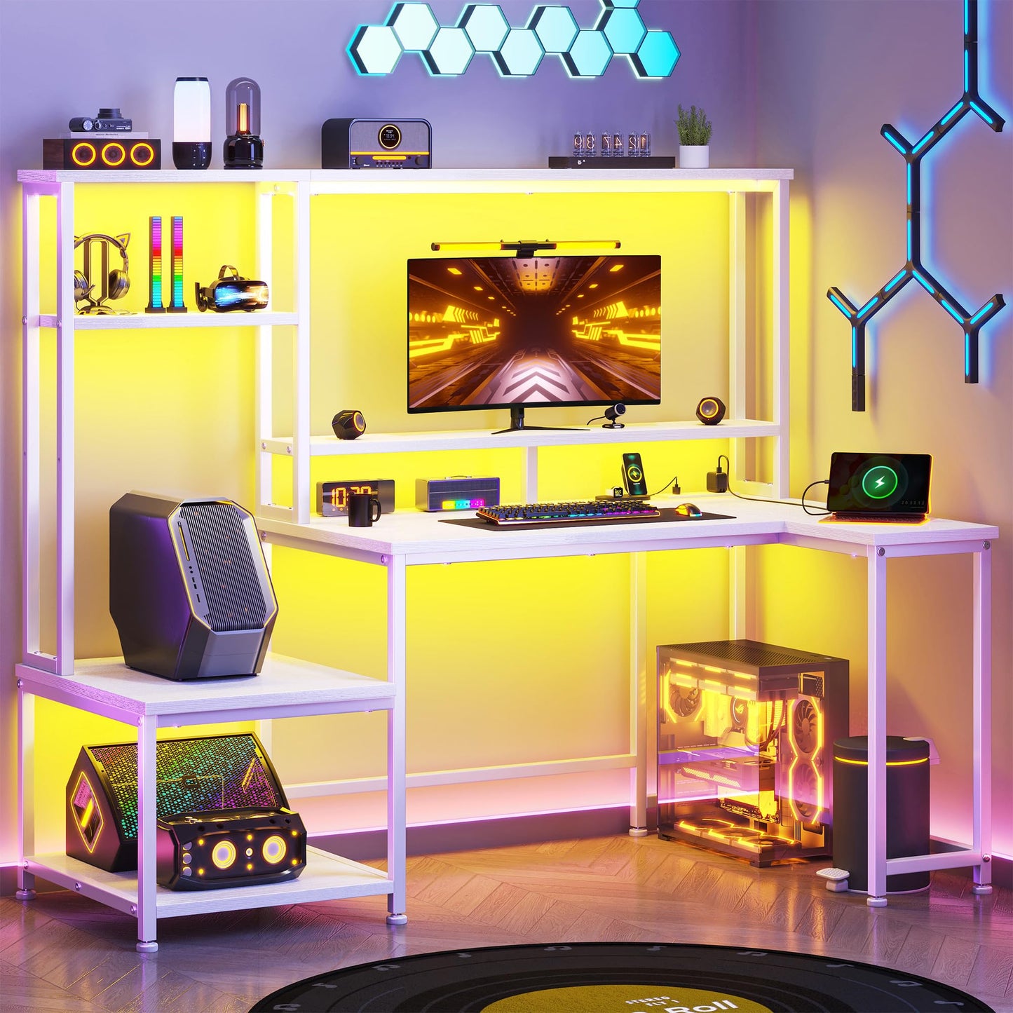 L Shaped Gaming Desk with LED Lights & Outlets,55" Computer Desk with Shelves & Storage Hutch,Reversible Corner Gaming Table with Printer Space & Monitor Stand for Game Room,Home Office,White