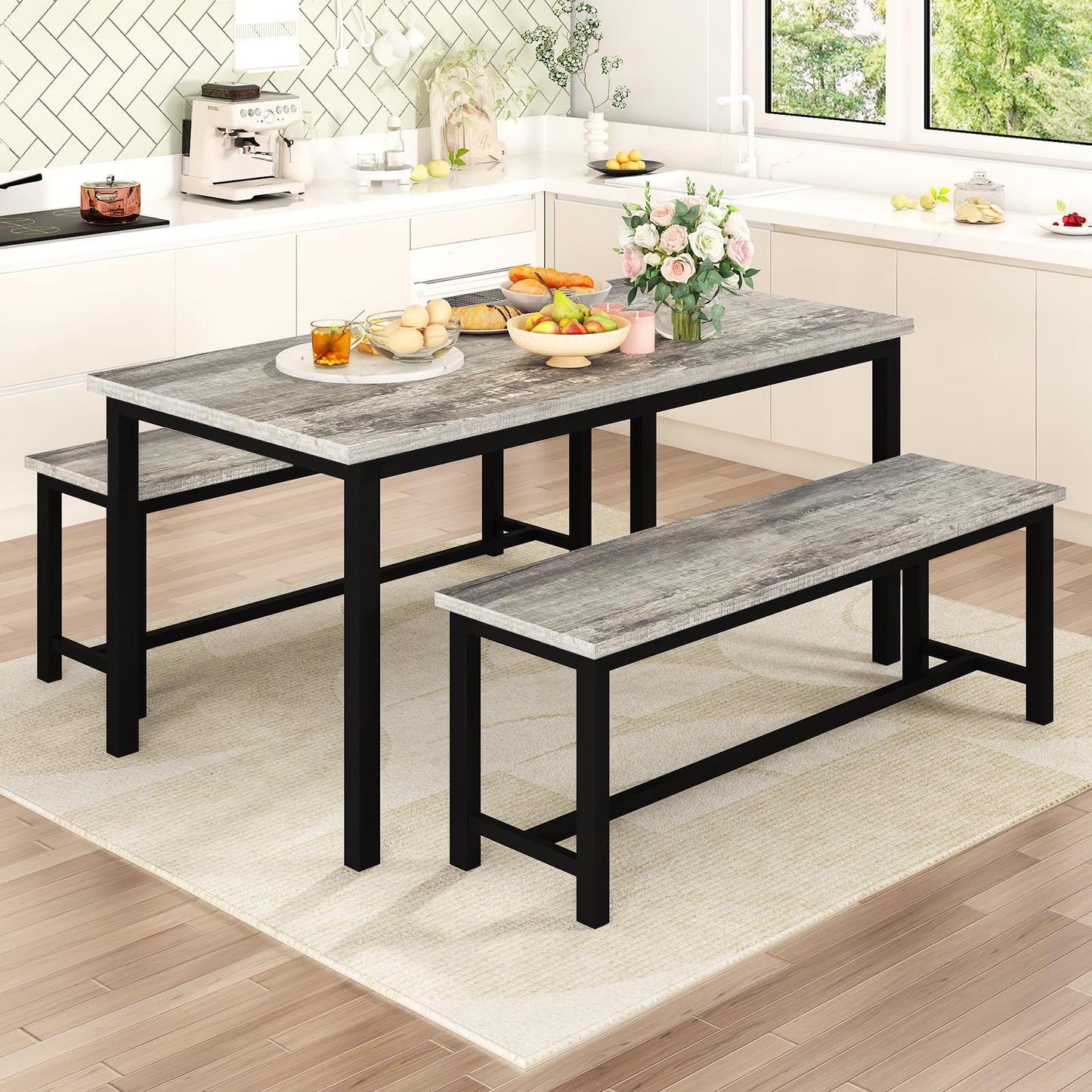 Recaceik Dining Room Table Set for 4, Modern Kitchen Table Set for 4 with 2 Bench for Small Kitchen and Dining Room Furniture (Grey & Black)