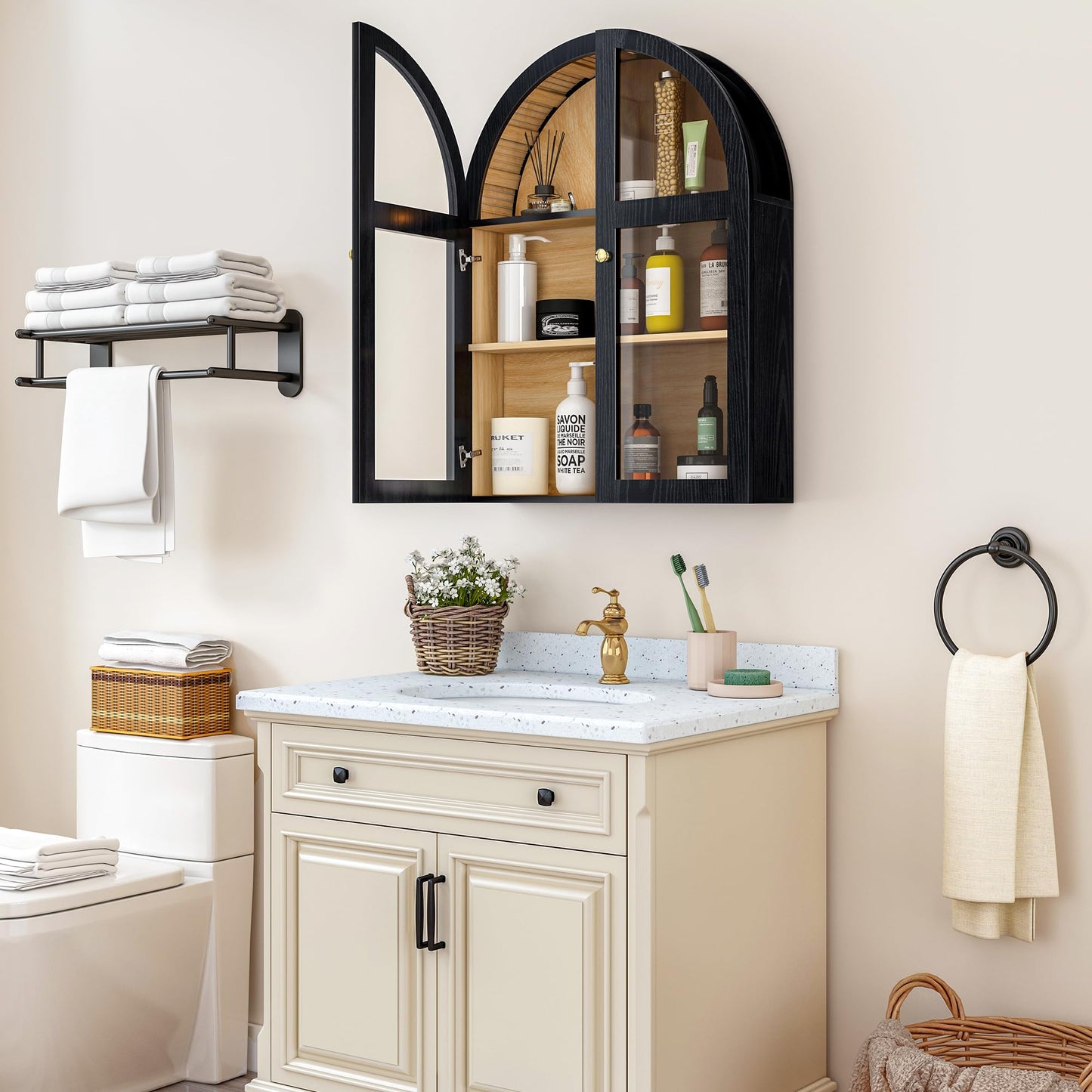 Bathroom Medicine Cabinet Wall Mounted, Arched Wall Cabinet with Adjustable Shelf & Acrylic Doors, Floating Cabinet for Wall Over The Toilet Storage Cabinet Space Saver for Kitchen, Black